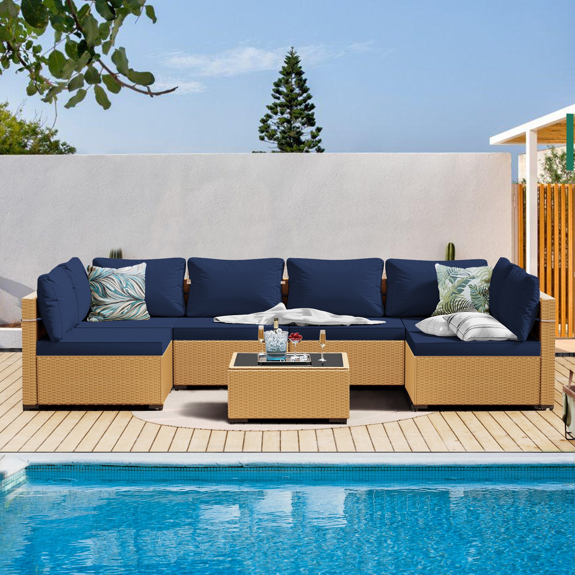 Patio Watcher RT-OD7-Y2-3 7 -Piece Rattan Patio Sofa Conversation Set with Blue Cushions