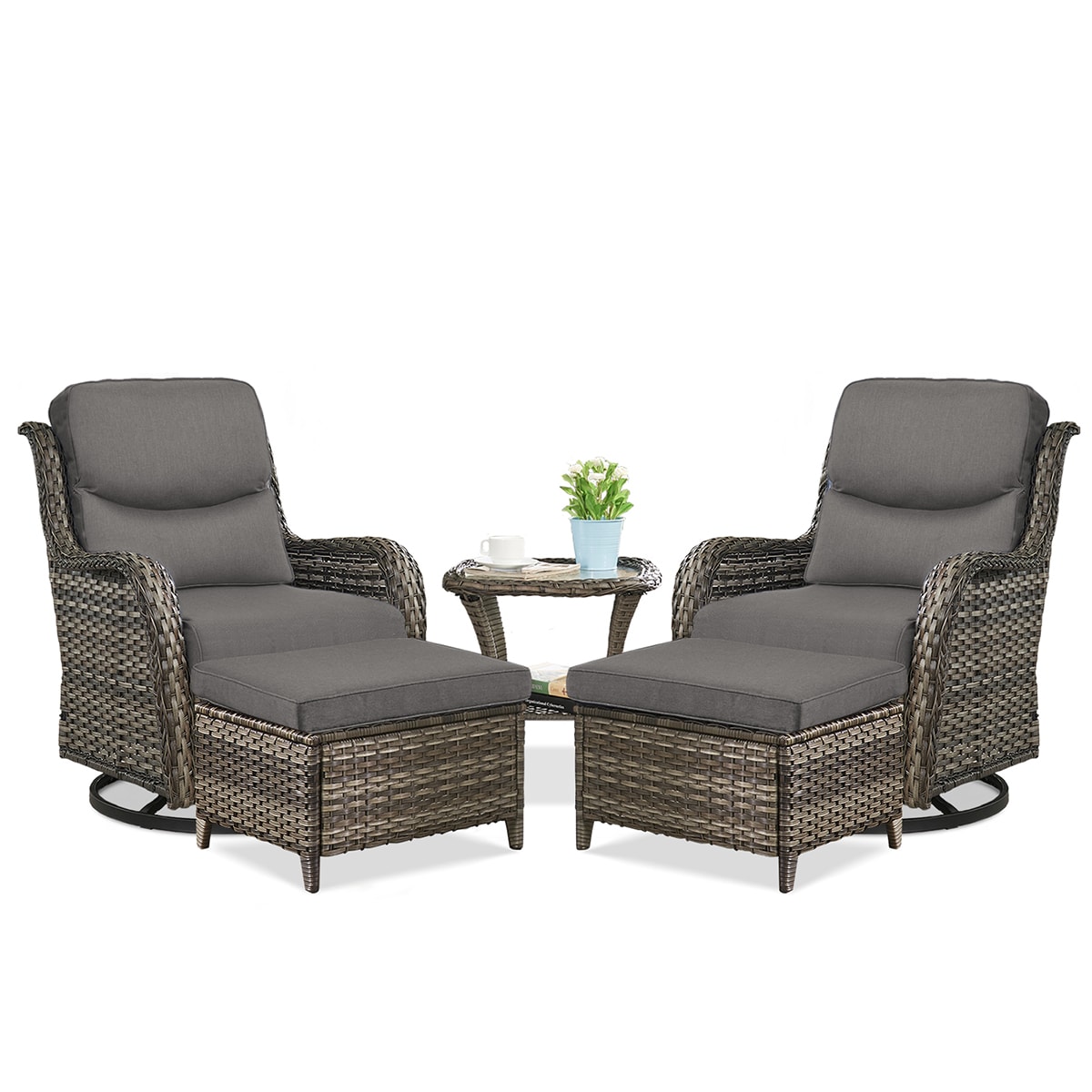 Rilyson FS036XL016-2 Smiley Set of 2 Wicker Gray Wicker Frame Swivel glider Conversation Chair with Gray Gray Cushioned Seat
