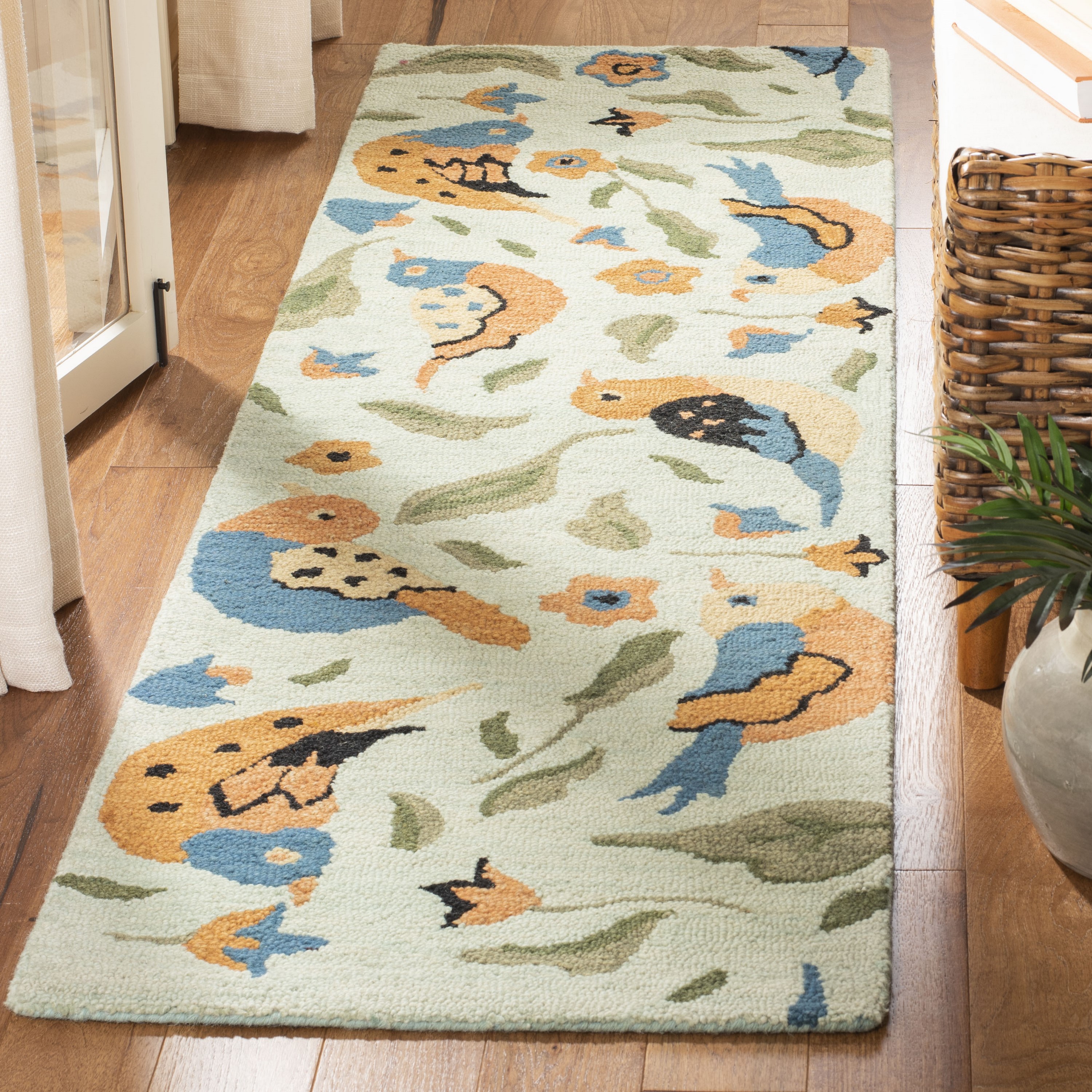 Handmade Blue Wool Floral Runner Rug 2'3" x 6'