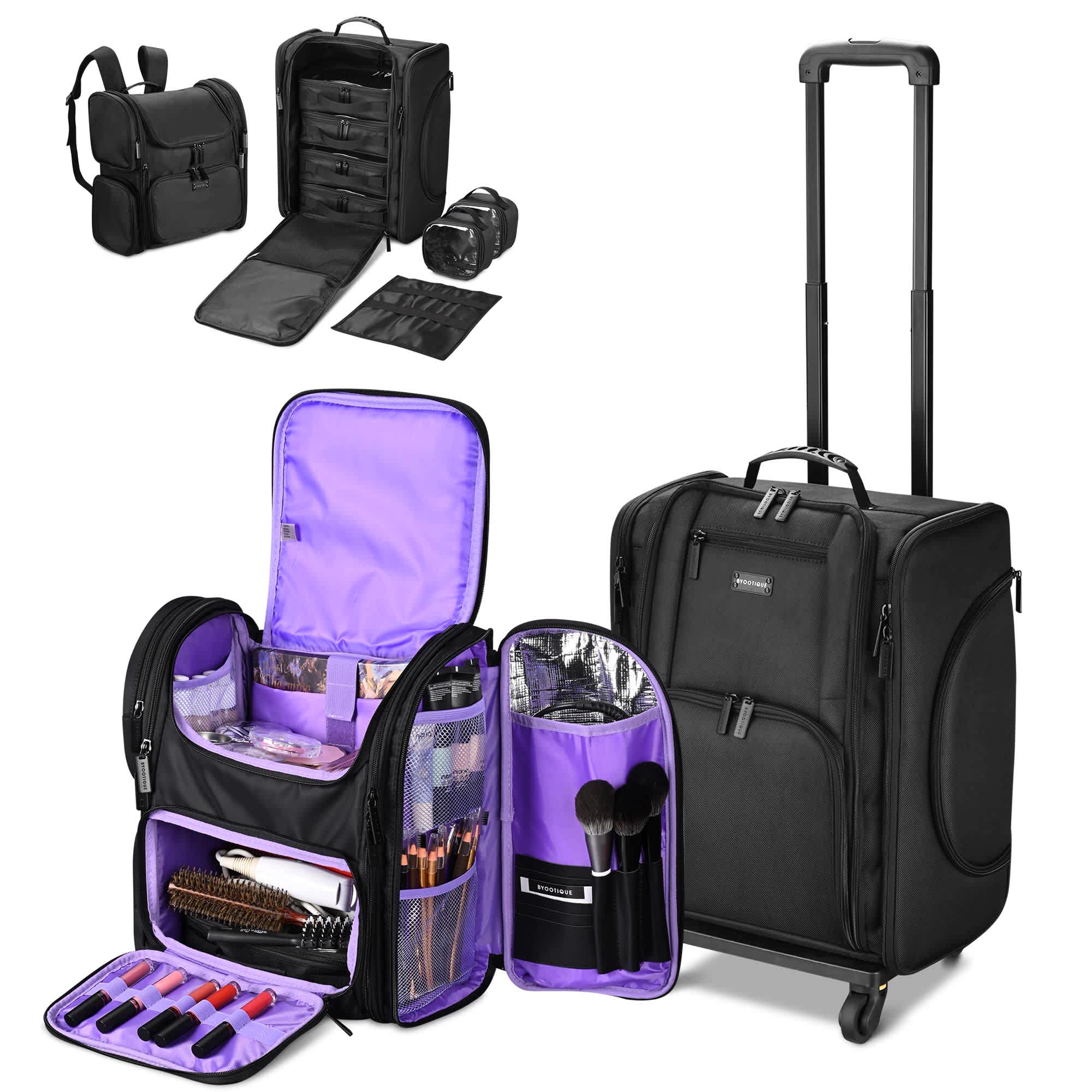 Yescom 12MIKCSET001-0620-LO Byootique Rolling Makeup Train Case and Backpack Kit w/ 7 Toiletry Bags Artist