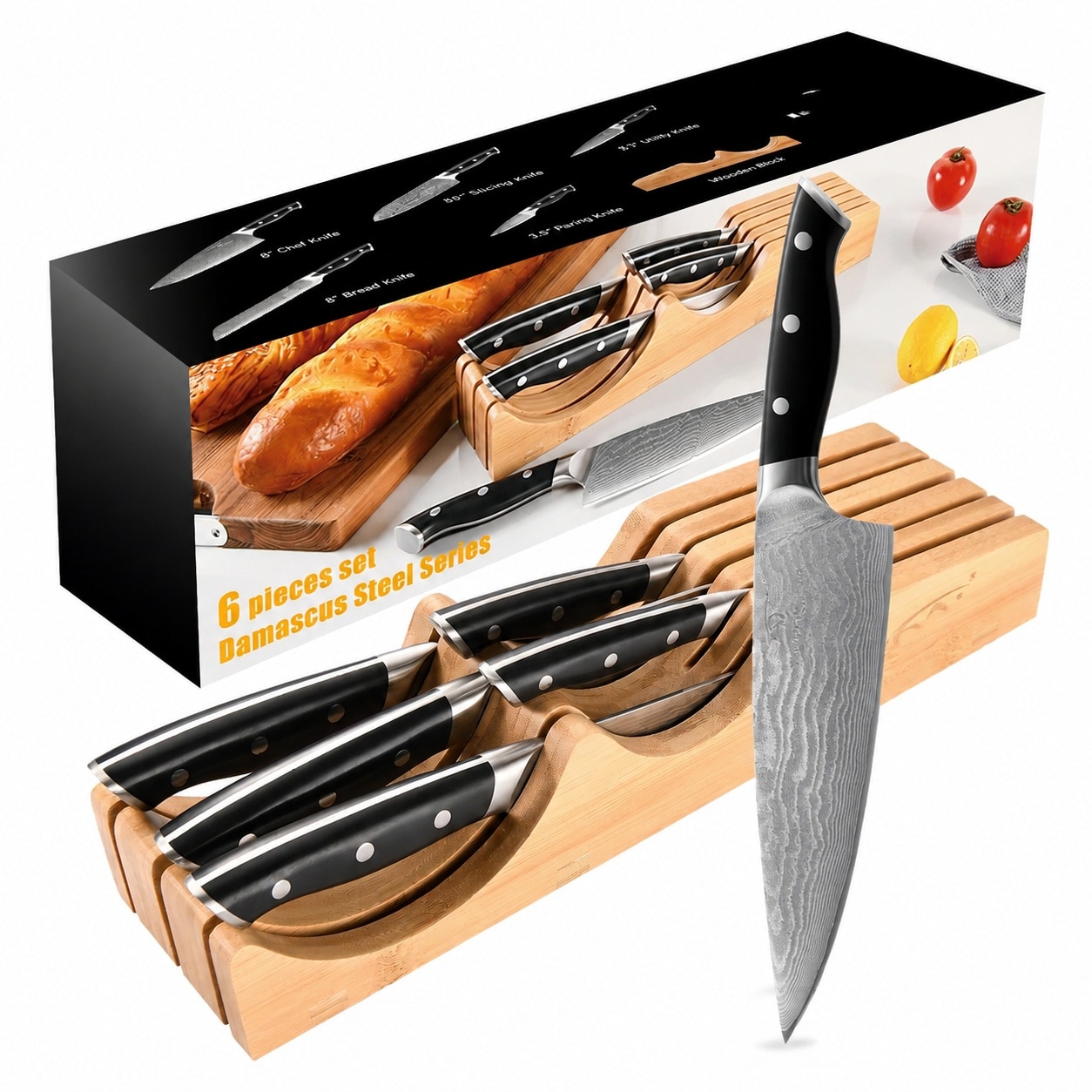 DYRCJ  Damascus Steel Kitchen Knife Set with Bamboo Drawer Organizer Eight Pieces Chef Bread Santoku Utility Paring Knives for Home and