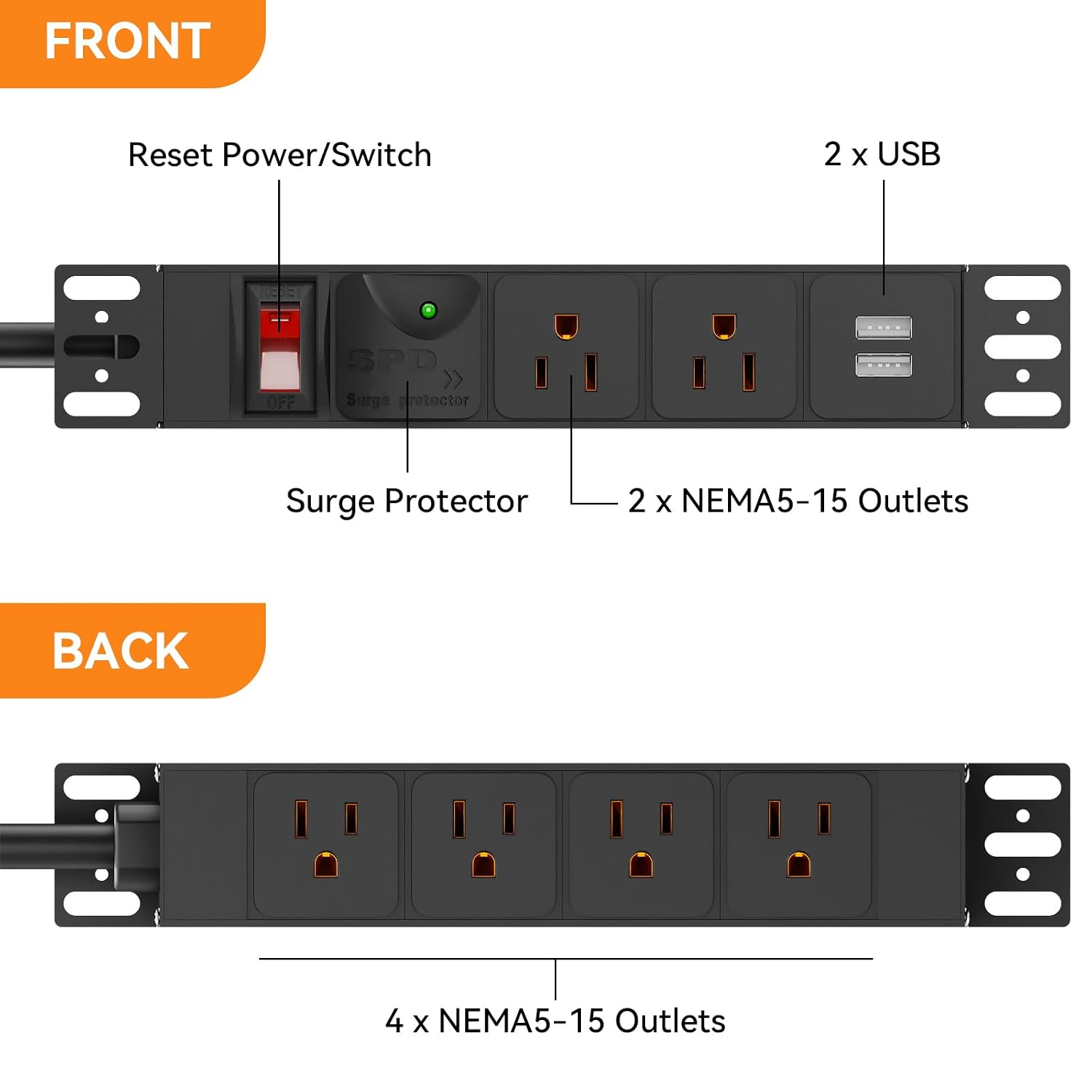 LENCENT 1U Rack Mount Power Distribution Unit with 6 Outlets and Surge ...