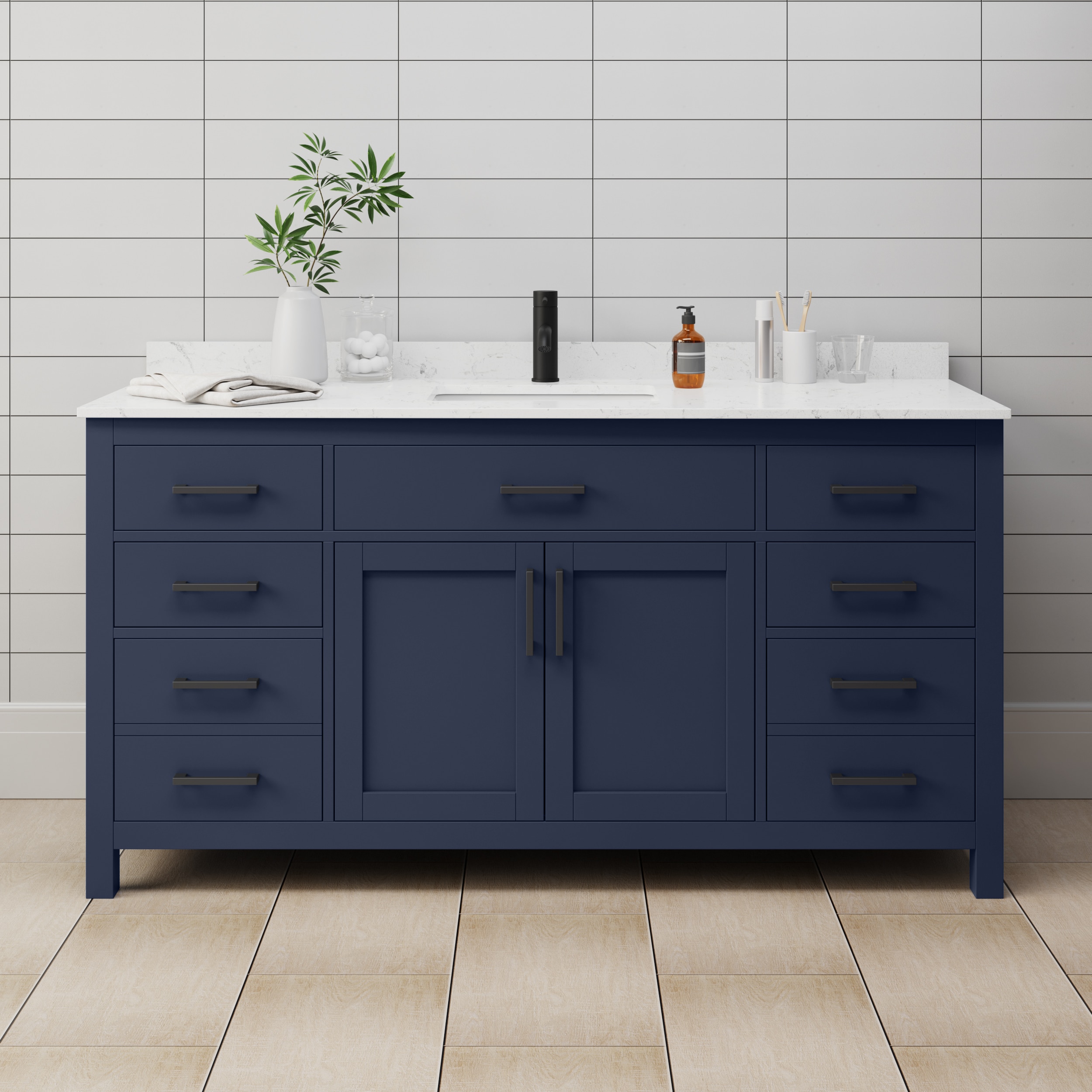 Wyndham Collection WCG242466SBBCCUNSMXX Beckett 66-in Dark Blue with Matte Black Trim Undermount Single sink Bathroom Vanity with Carrara Cultured Marble Cultured marble Top