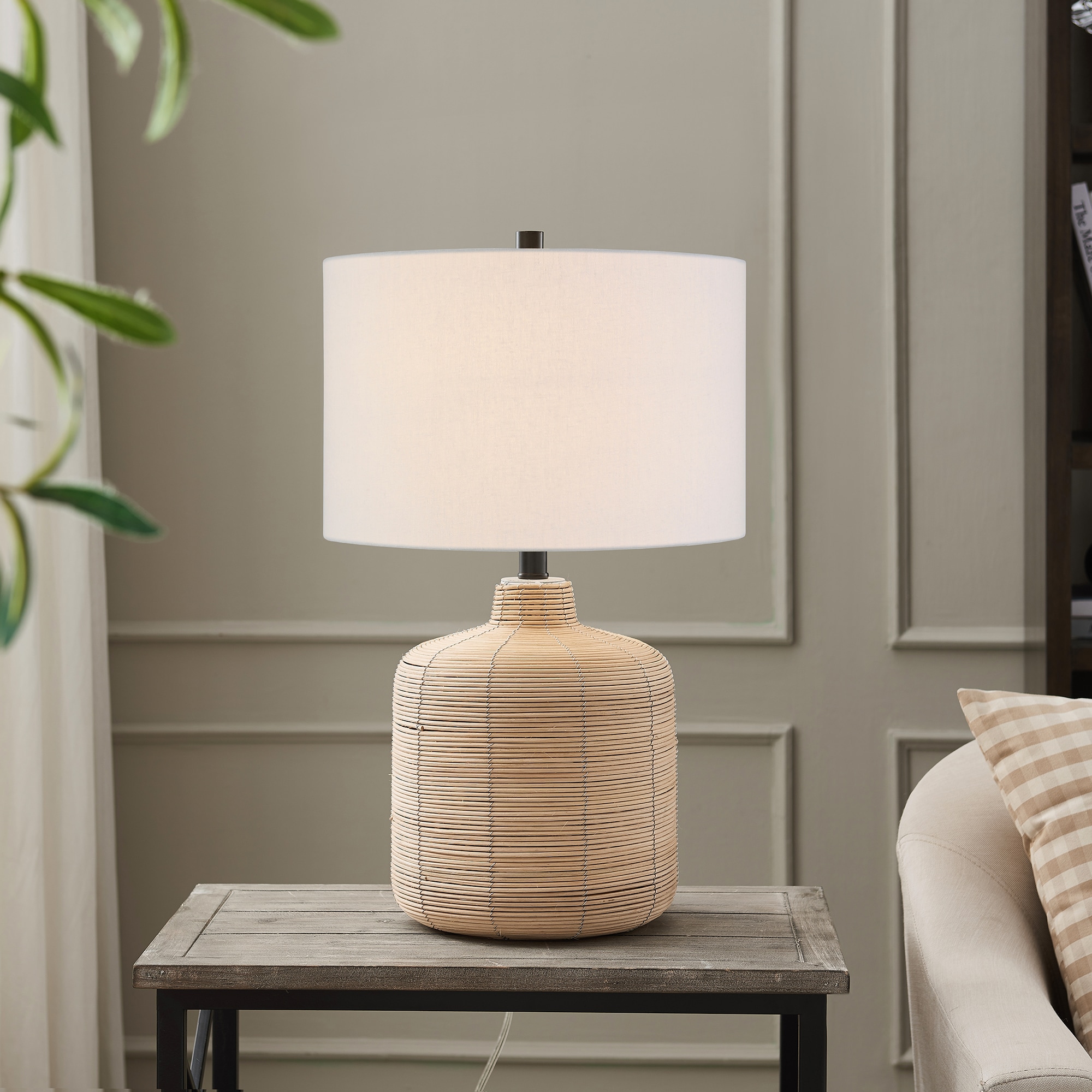 Joline 20" Off-White Rattan Table Lamp with Drum Shade
