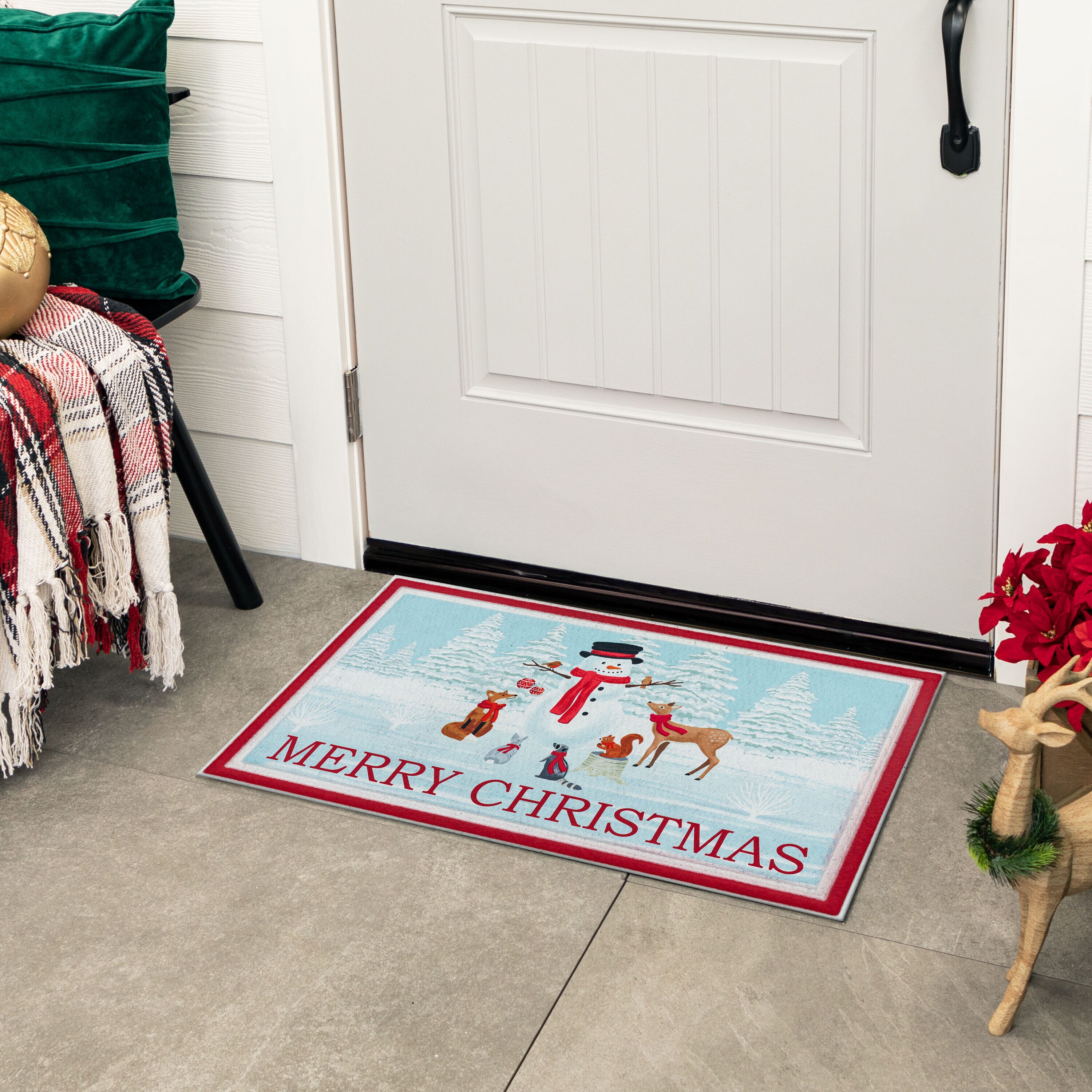 Welcome Doormat Snowman Ski Snow Christmas Tree,Water Absorbent Bath Rugs  Non Slip Indoor Door Mats,Winter Snow Night Washable Floor Carpet for