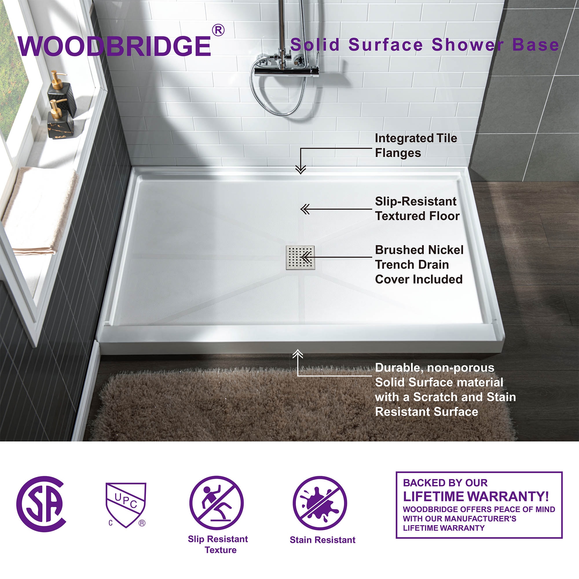 WOODBRIDGE 36 in. L x 36 in. W Alcove Solid Surface Shower Pan