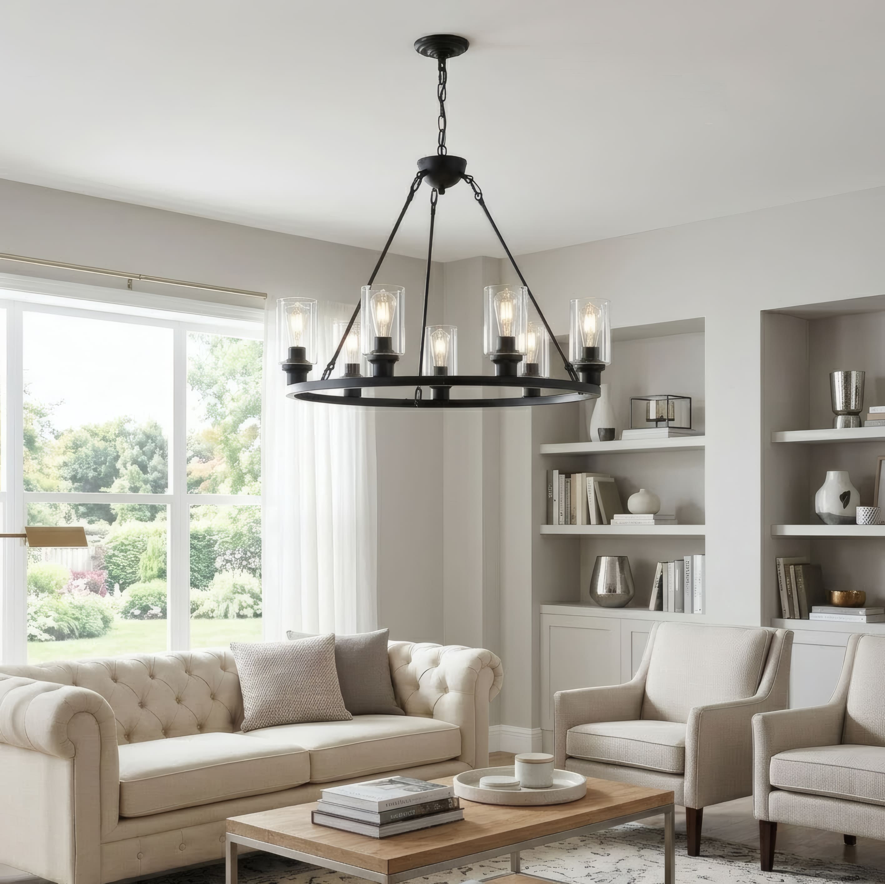 RCCFBHM Modern Farmhouse 9 Light Black Wagon Wheel Chandelier Farmhouse Seeded Glass Pendant Lighting Fixture E26 Base No Bulbs