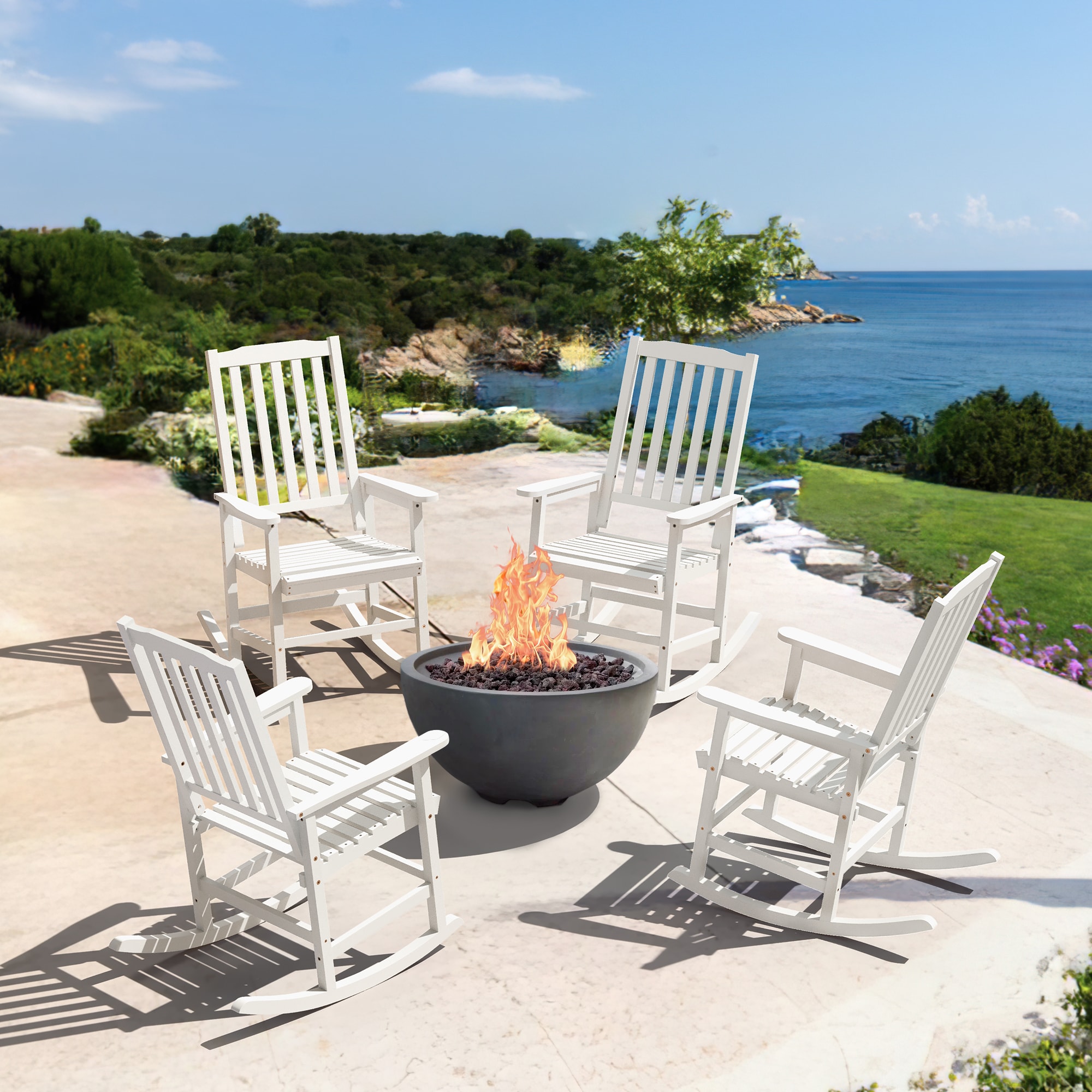 Yurevna 4JY-029-03LS Patio Rocking Chair Set of 4 White Polyethylene Frame Rocking Chair with Slat Seat