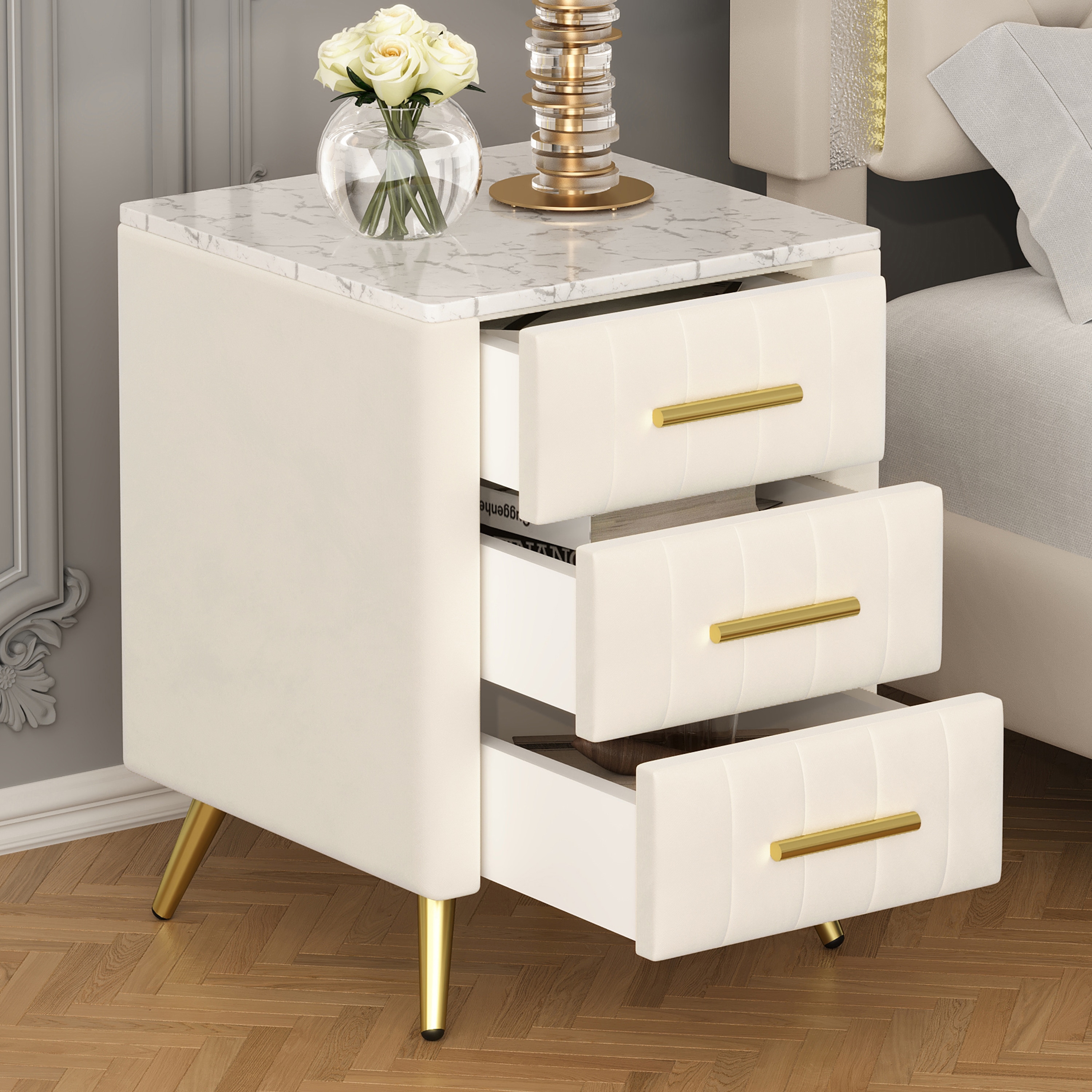 Tatayosi RY-P208520A Upholstered Wooden Nightstand with 3 Drawers and Metal Legs Handles Bedside Table with Marbling Stickers Worktop - Beige