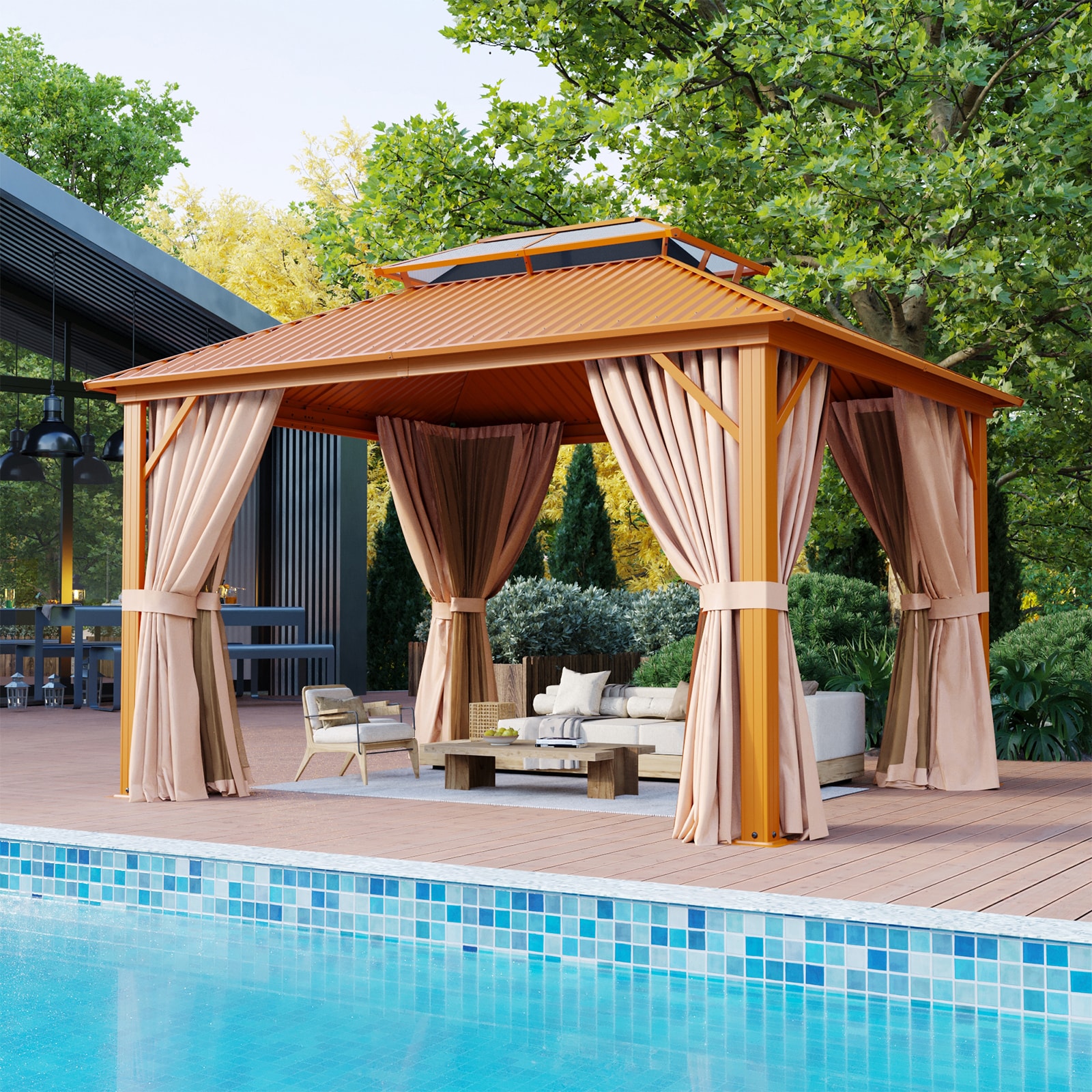 AOXUN SG301YE01A-QF 10-ft x 12-ft Brown Rectangle Gazebo with Hardtop Roof (Screen Included)