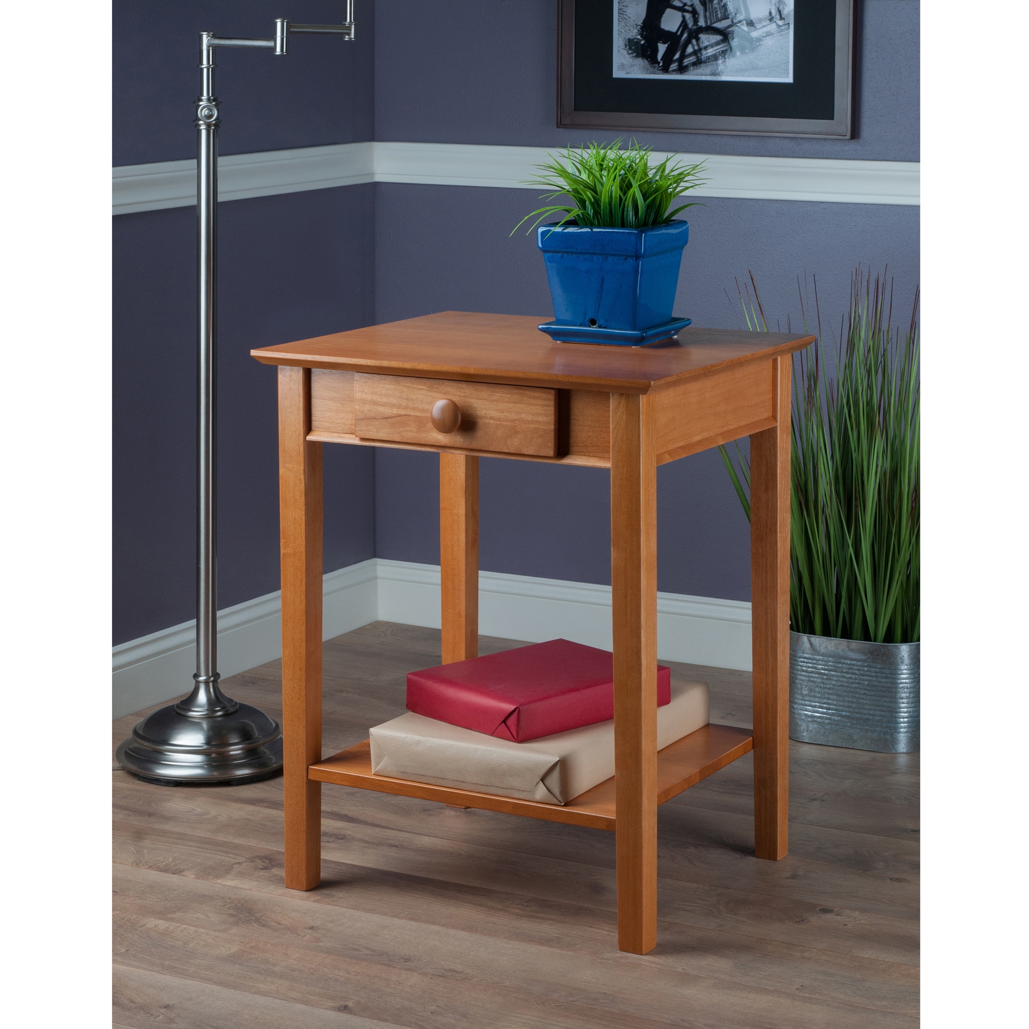 Honey Pine Wood Studio Printer & End Table with Storage Shelf