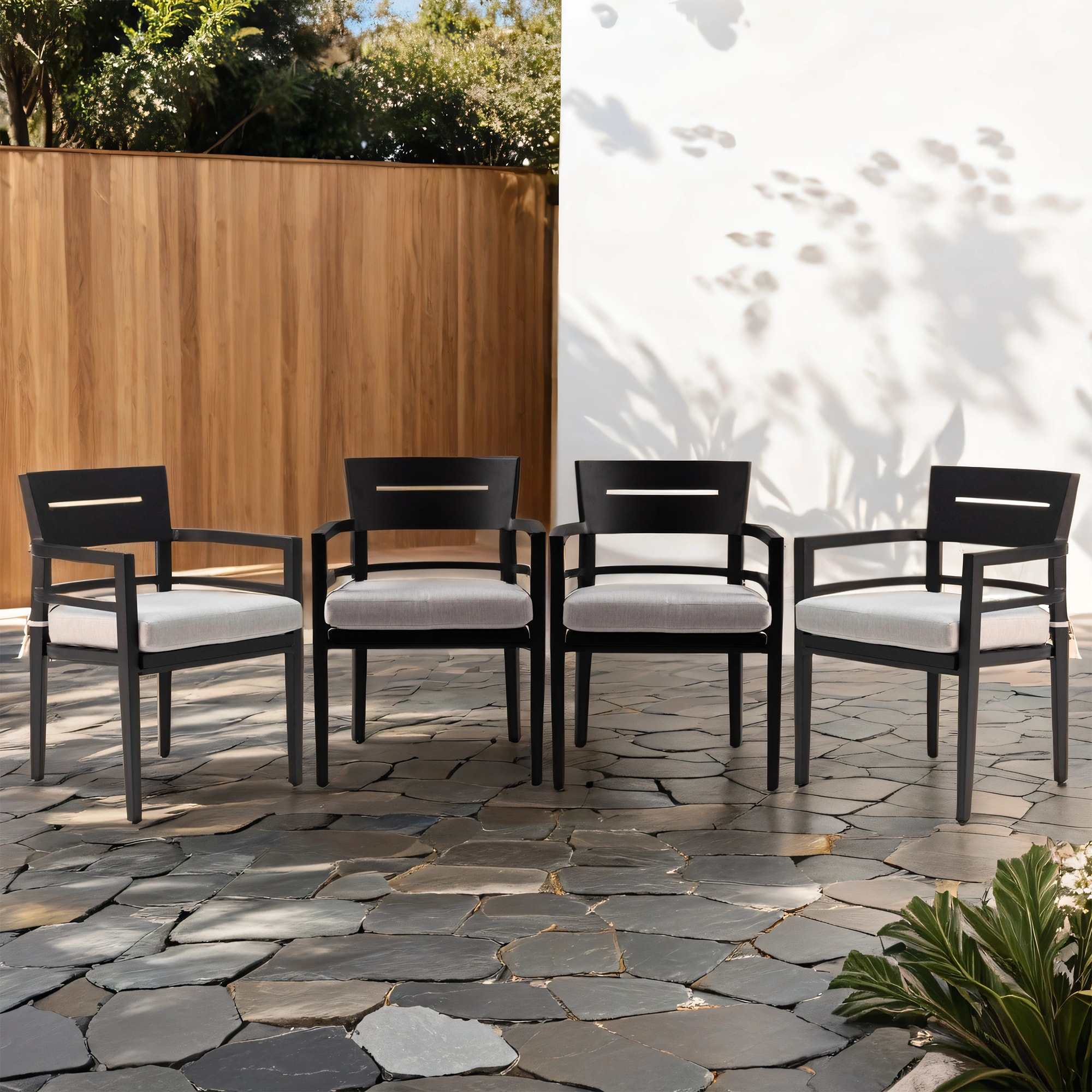 Mondawe MD-LO63107 Sunbrella Set of 4 Black Aluminum Frame Stationary Dining Chair with Light gray Sunbrella Cushioned Seat