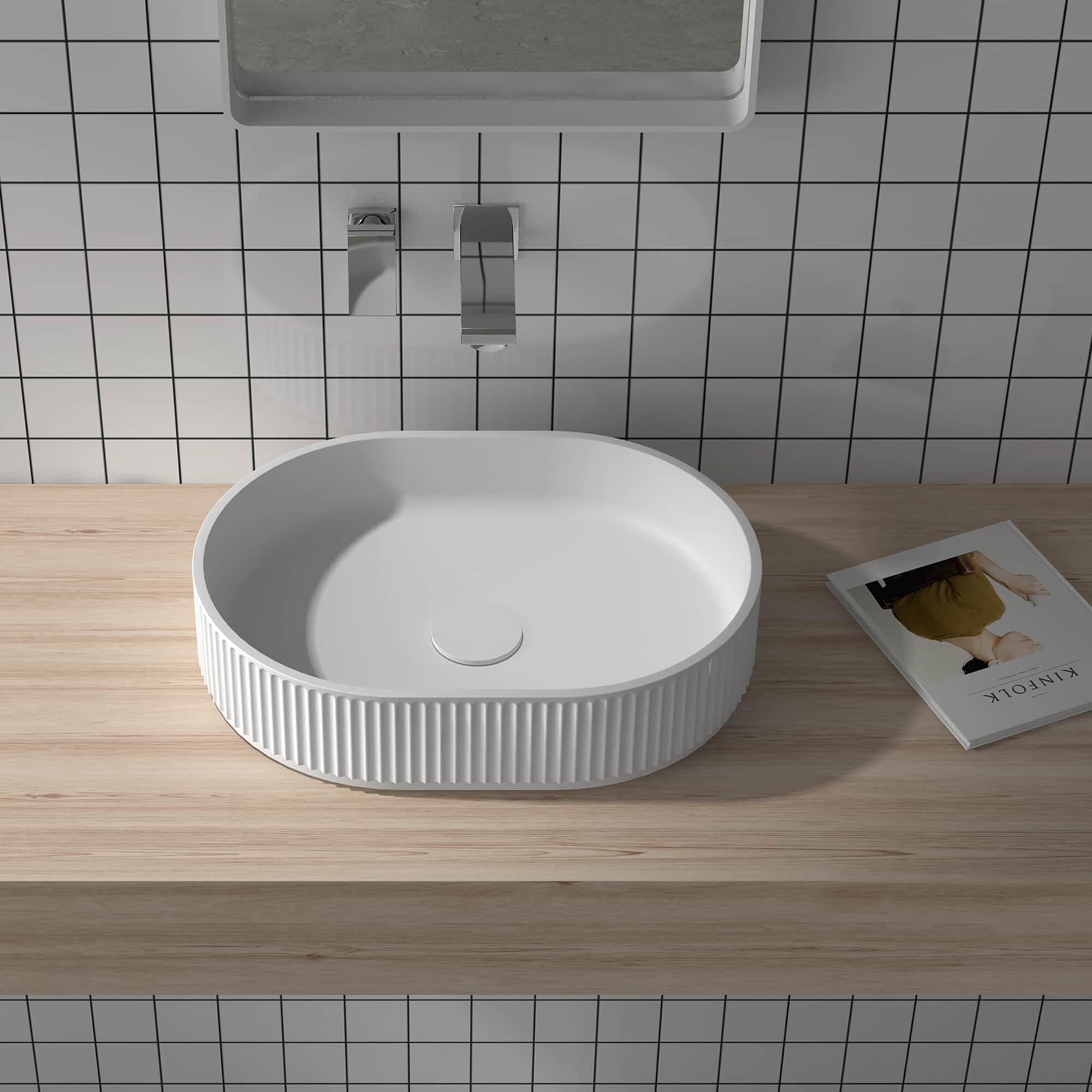 Ruvati RVB2819WH Cordona Stone Vessel Oval Modern Matte White Bathroom Sink with Drain Included ( 14-in x 19-in )
