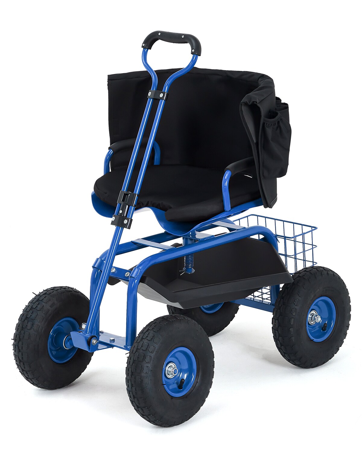 Garvee Rolling Garden Workseat Cart with 360 degrees Swivel Stool and Reinforced Steel Frame/ Extendable Steering Handle and Built-in Tool Tray/ Equipped with 10-Inch Inflatable Tires - Ideal for Patio Yard Outdoor Gardening Work - Blue