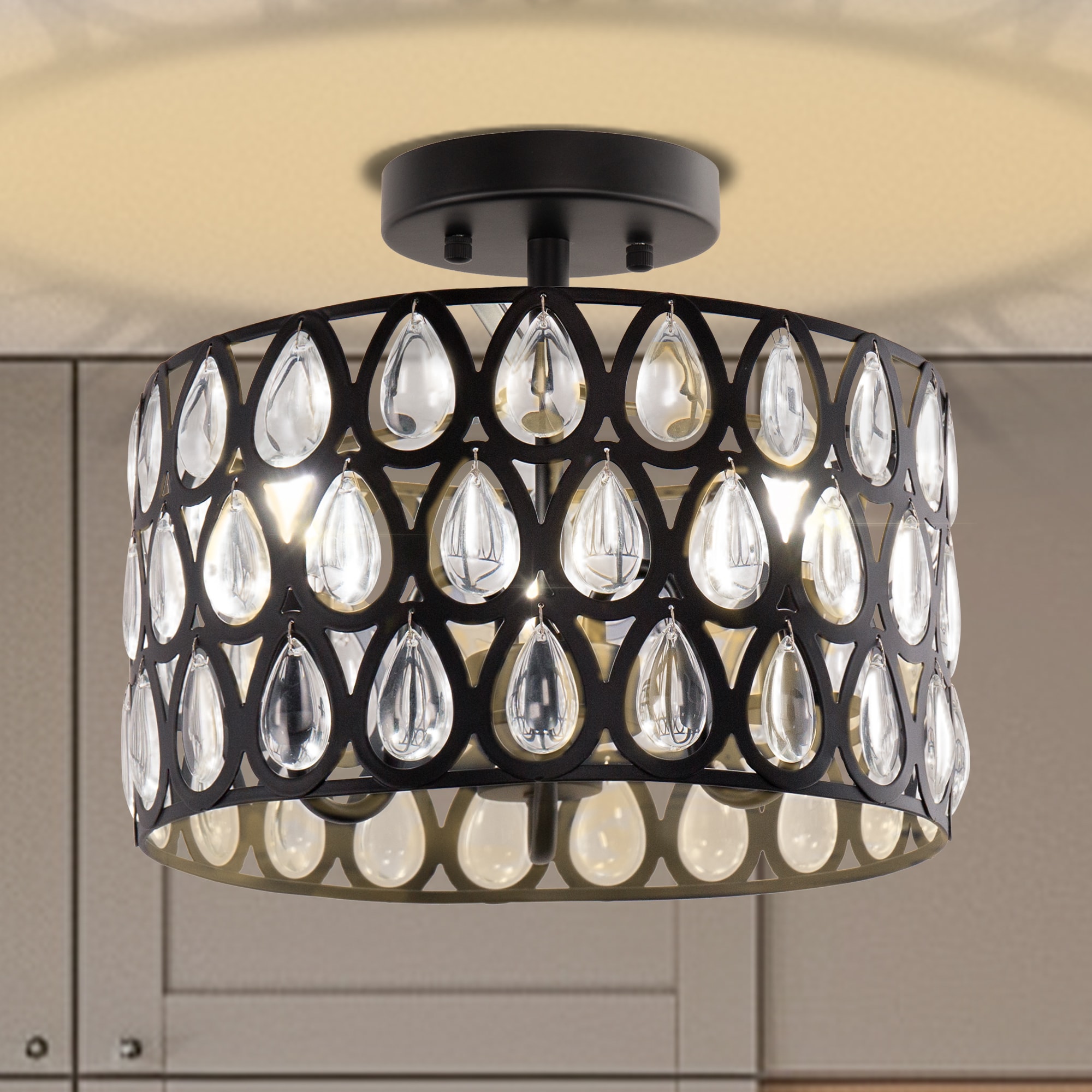 YANSUN LA-YM-BX07201CBL-11 3 -Light 12.4-in Matte Black Semi Flush Mount Light