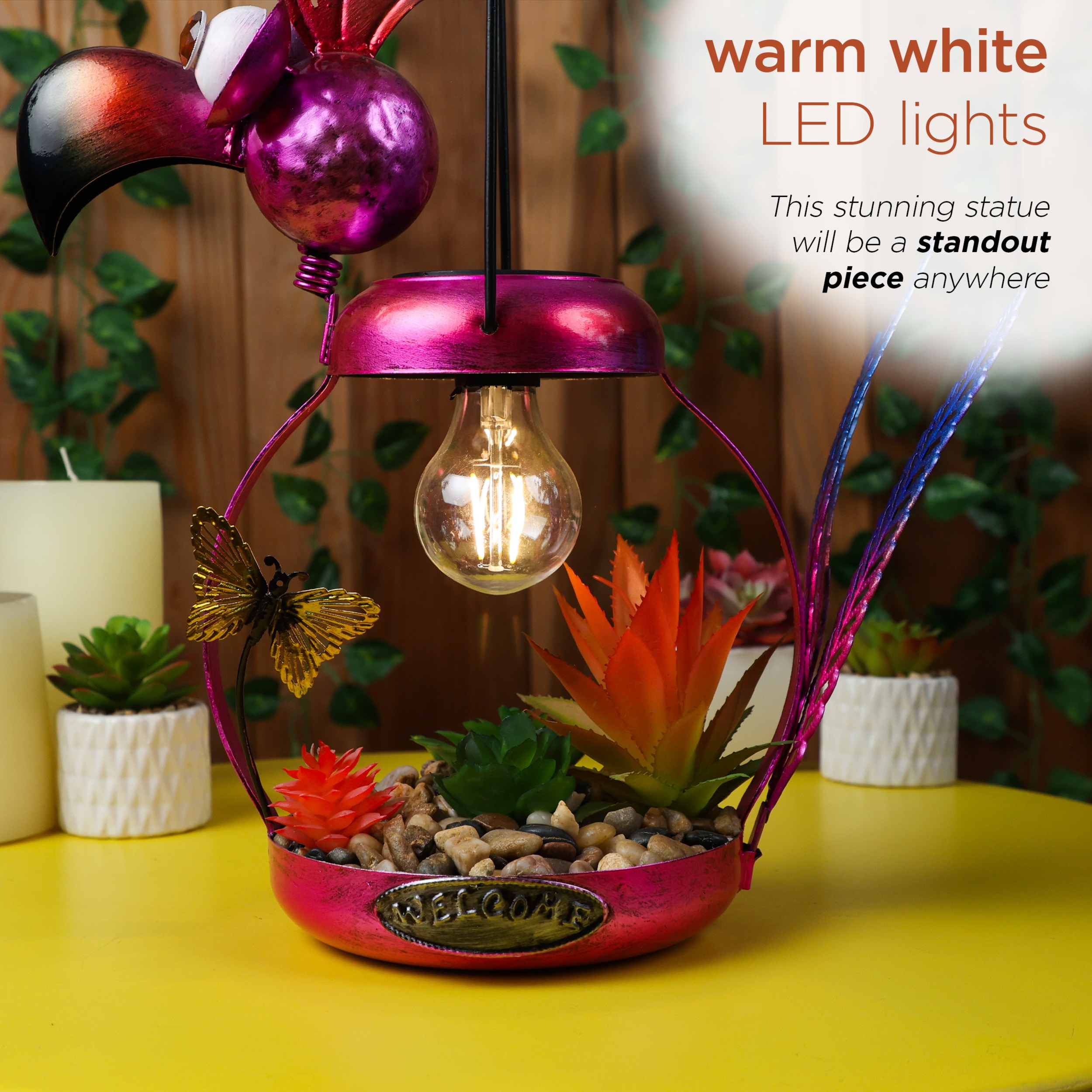 16" Solar Pink Flamingo Metal Garden Decor with LED Light