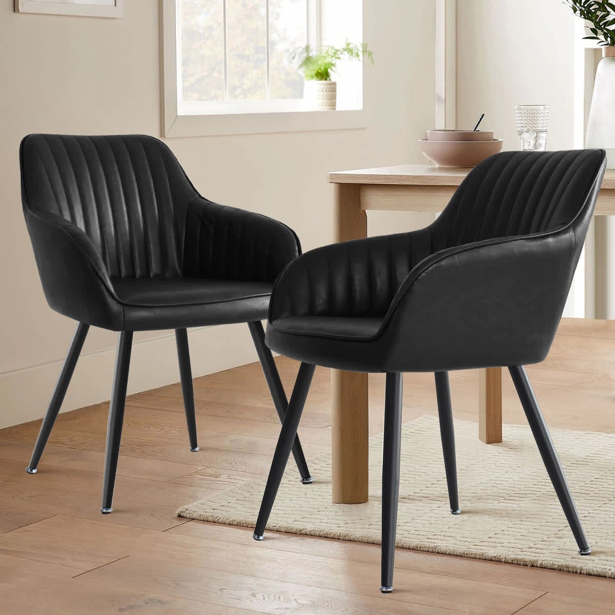 Maison Boucle BOSTON-ARM-BLACK-2 Set of 2 Black Dining Chair Faux Leather Chairs with Armrests and Metal Legs for Dining Room