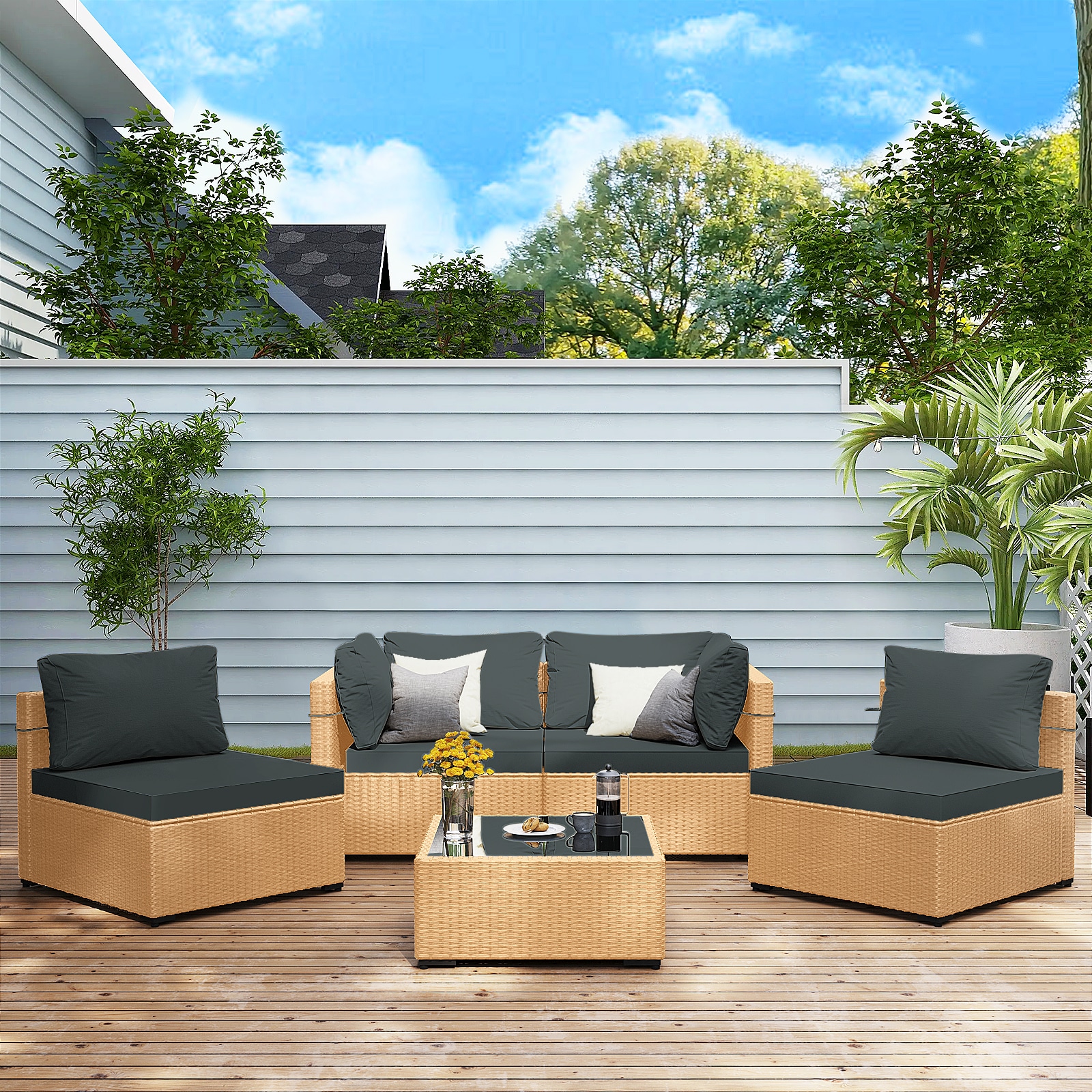 UPHA TBBE-AB-DGRAY 5 -Piece Rattan Patio Sofa Conversation Set with Gray Cushions