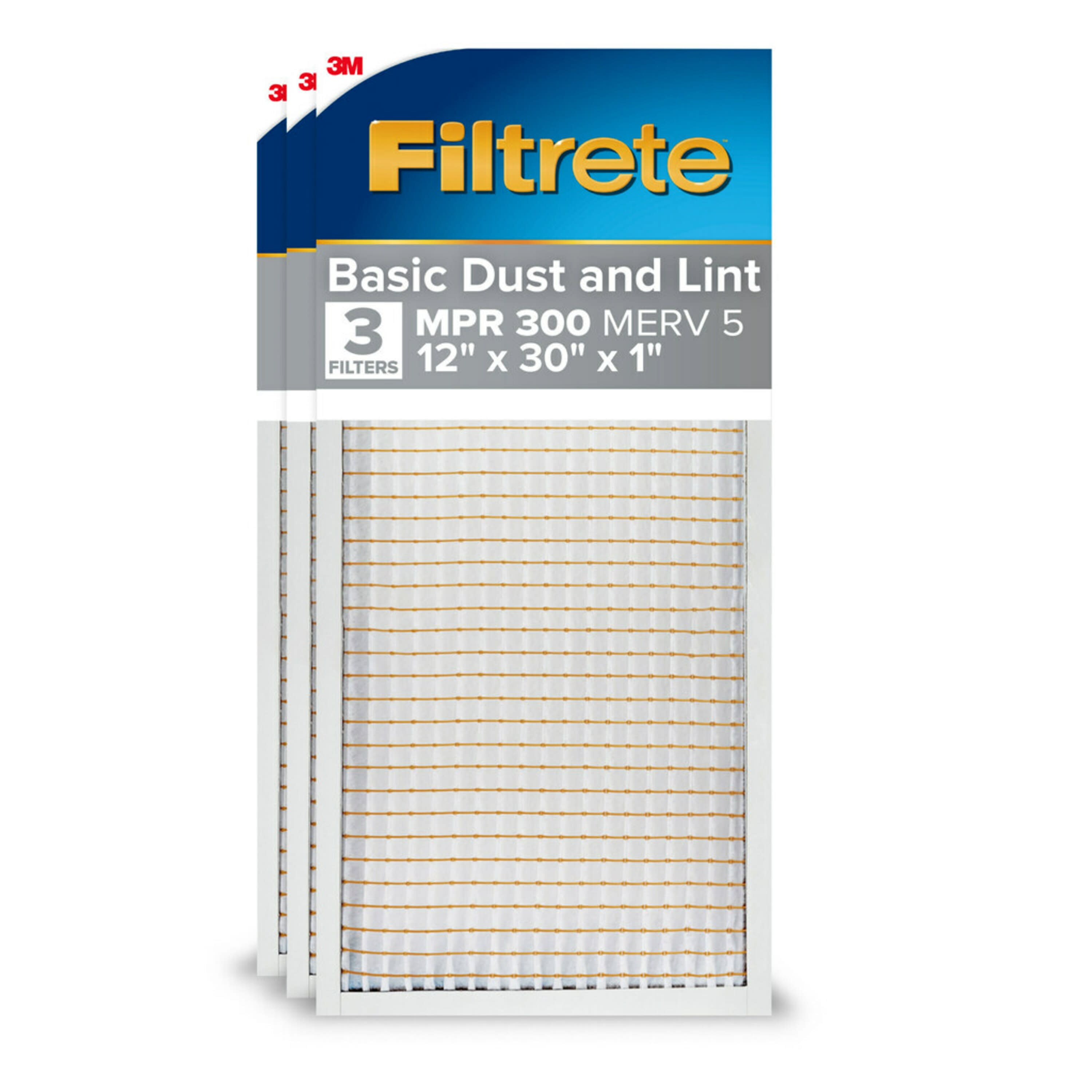 Filtrete 342DC-3PK-4 12-in W x 30-in L x 1-in MERV 5 300 MPR Basic Dust and Lint Electrostatic Air Filter (3-Pack)