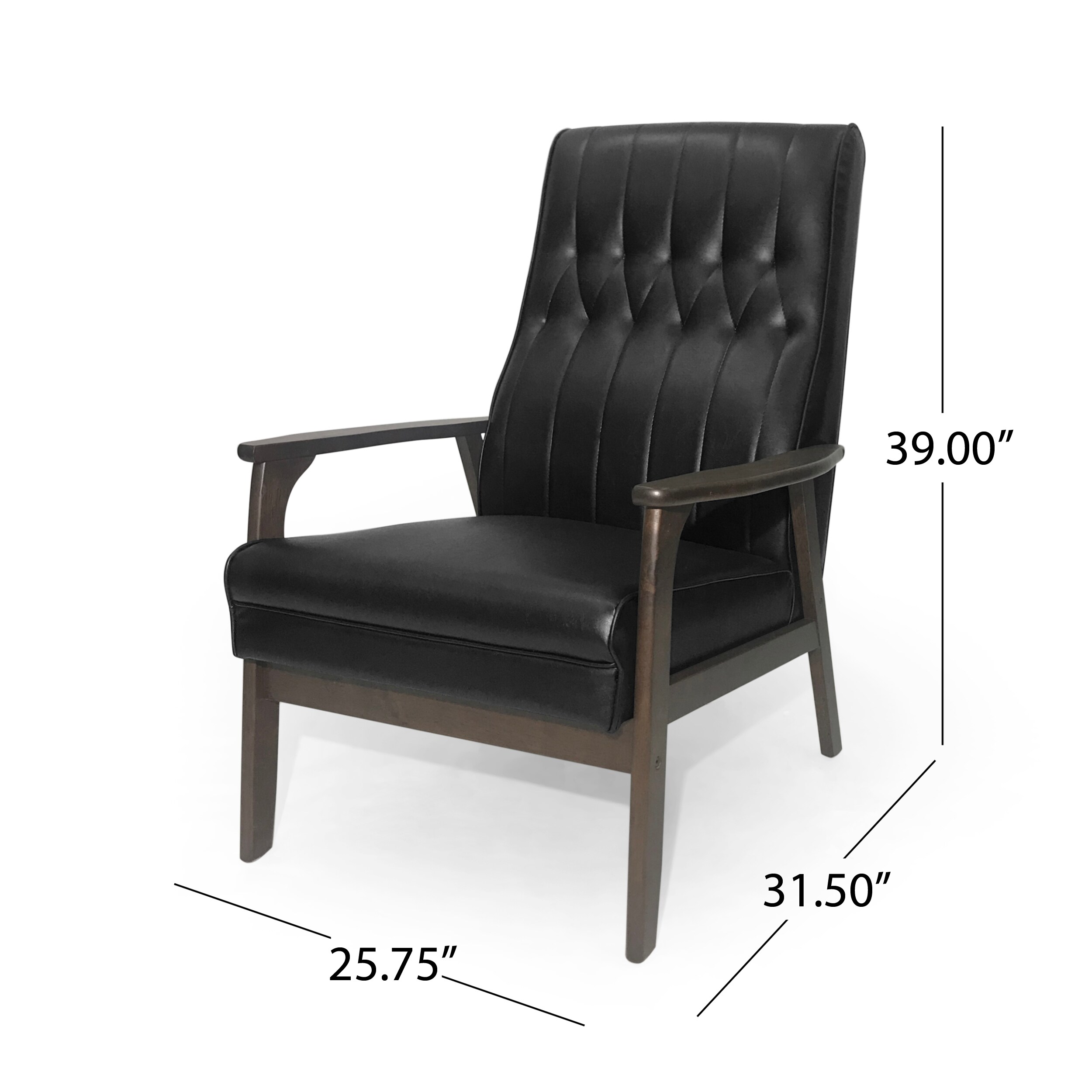 Matte Black Faux Leather and Wood Mid-Century Modern Accent Chair