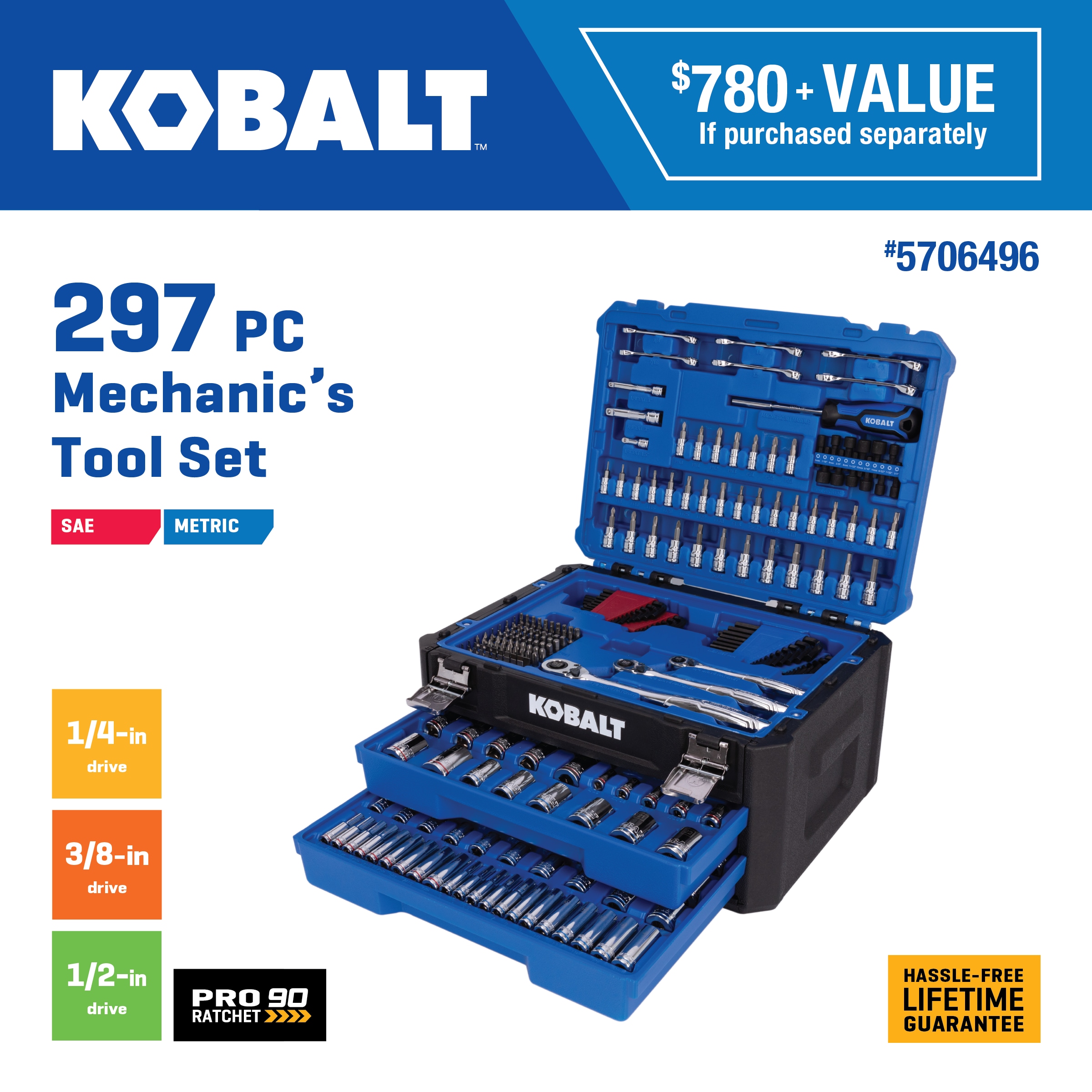 Kobalt 297-Piece Standard (SAE) and Metric Polished Chrome Mechanics Tool Set with Hard Case