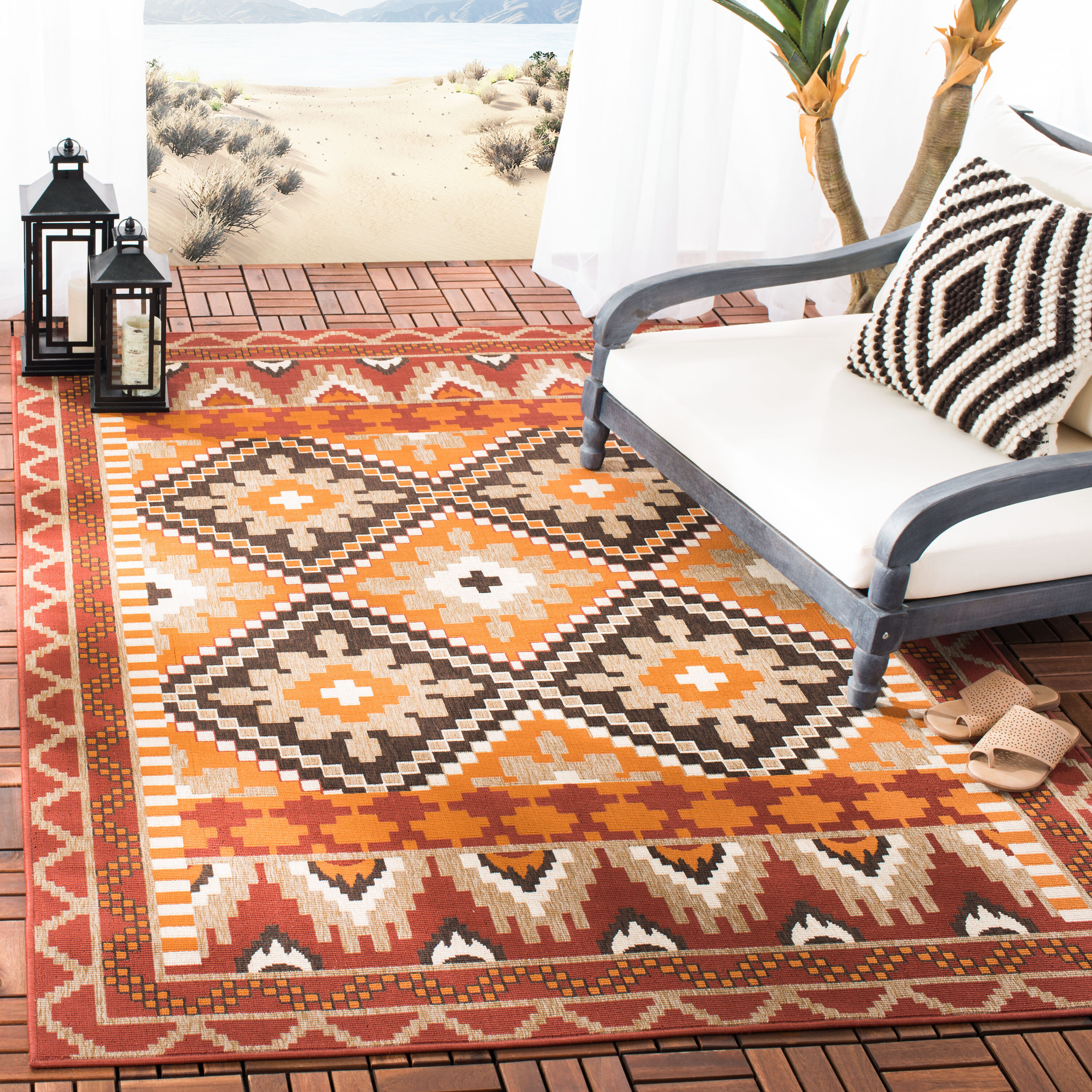 Safavieh VER096-0334-5SQ Veranda 5 x 5 (ft) Loomed Synthetic Rust/Red Square Indoor/Outdoor Floral Southwestern Area rug