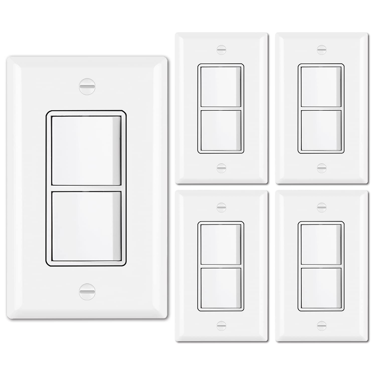 Vrbgify  5 Pack Double Light Switch Single Pole Dual Decorator Paddle Combo 15 Amp 120 Volt In Wall On Off Switch Wallplate White UL Listed