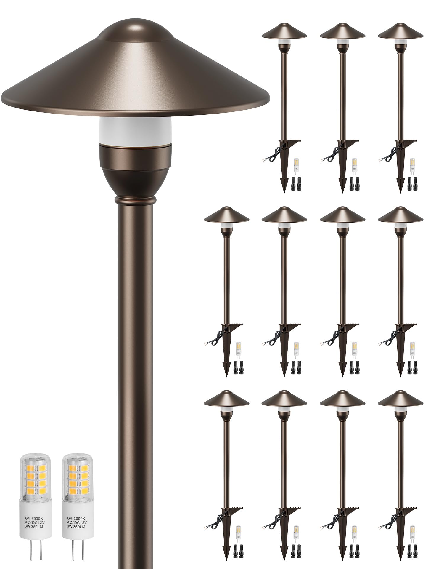 Vrbgify  12 Pack Low Voltage Landscape Pathway Lights 12V Aluminum Oil Rubbed Bronze Round Shade with Replaceable G4 LED Bulbs Waterproof for Yard Garden