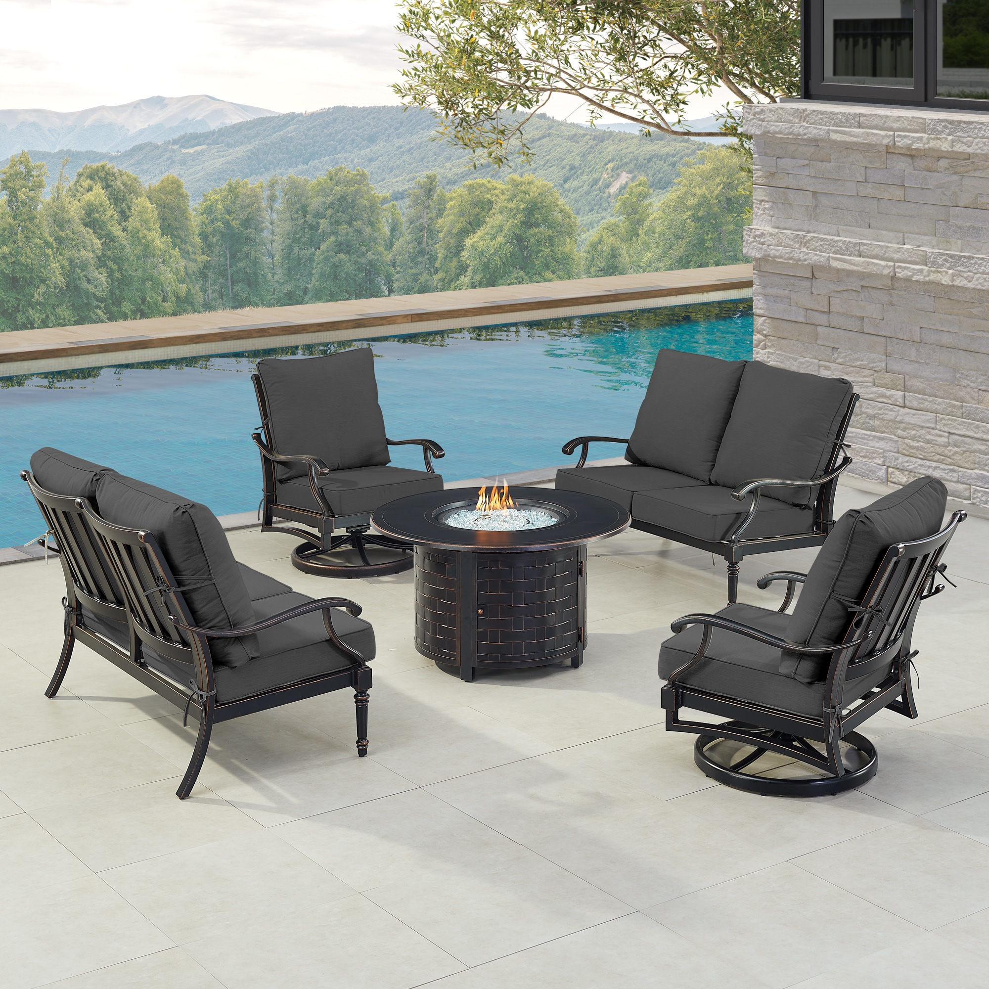 Oakland Living SHACO2LS2CHRICOBKCU Fire Pit Table Set, Two Loveseats, Two Lounge Chairs, Wind Guard and Ice Bucket 20 -Piece Patio Conversation Set with Black Cushions