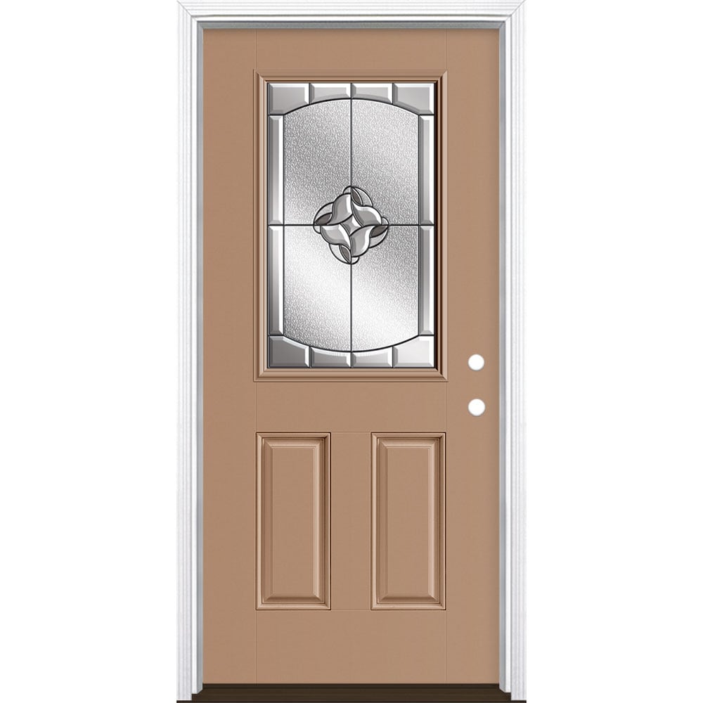 Masonite 3423151 Rozet 36-in x 80-in x 4-9/16-in Fiberglass Half lite Left-hand inswing Warm Wheat Painted Prehung Single door Front Door with Brickmould Insulating core Decorative glass