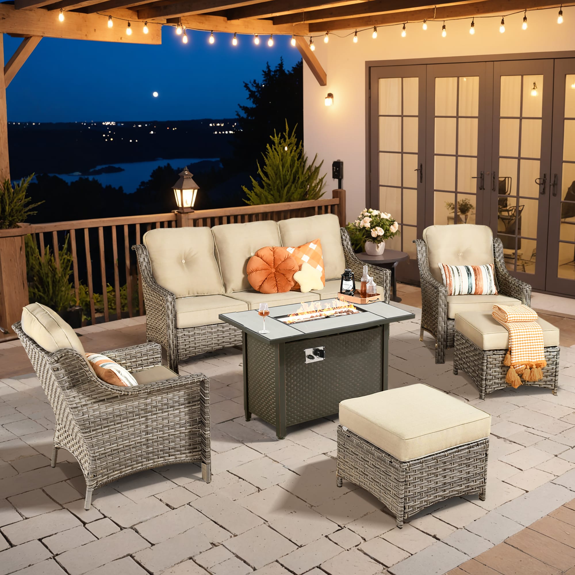 Ovios RFP03PD605 6 -Piece Rattan Patio Sofa Conversation Set with Beige Cushions