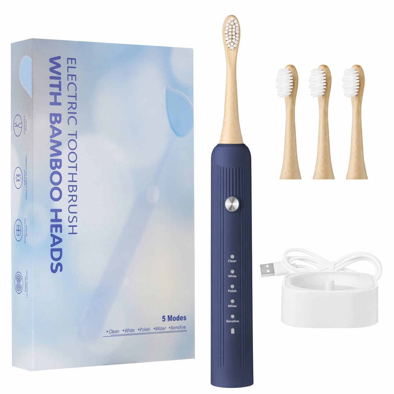 UUDULY  Bamboo Electric Toothbrush for Adults Sonic Electric Toothbrush with 4 Bamboo Heads Soft Castor Oil Bristles 5 Modes Smart Timer Sonic