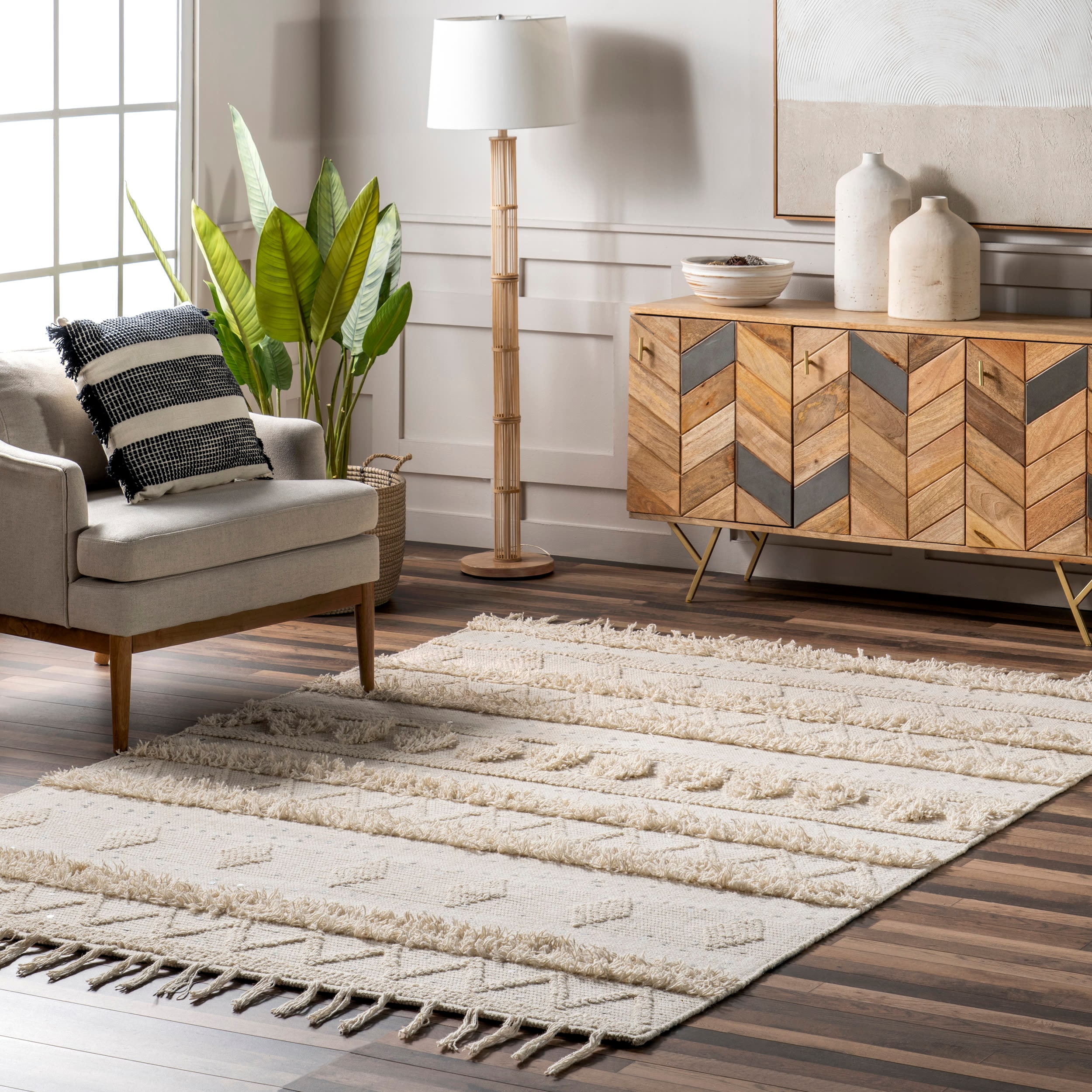 Arvin Olano x Rugs USA SESQ01A-12015 Durden 12 x 15 (ft) Tufted Wool Cream Rectangular Indoor Geometric Global Area rug
