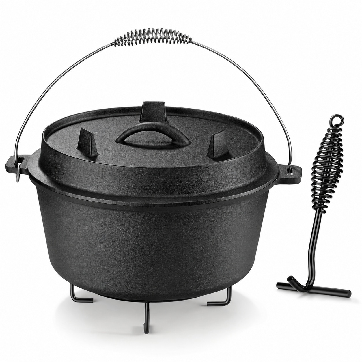 DHMHD  10 Quart Camping Dutch Oven Cast Iron Pot with Lid Metal Handle Lid Lifter and Stand Support for Oven Stove Grill and Campfire Cooking