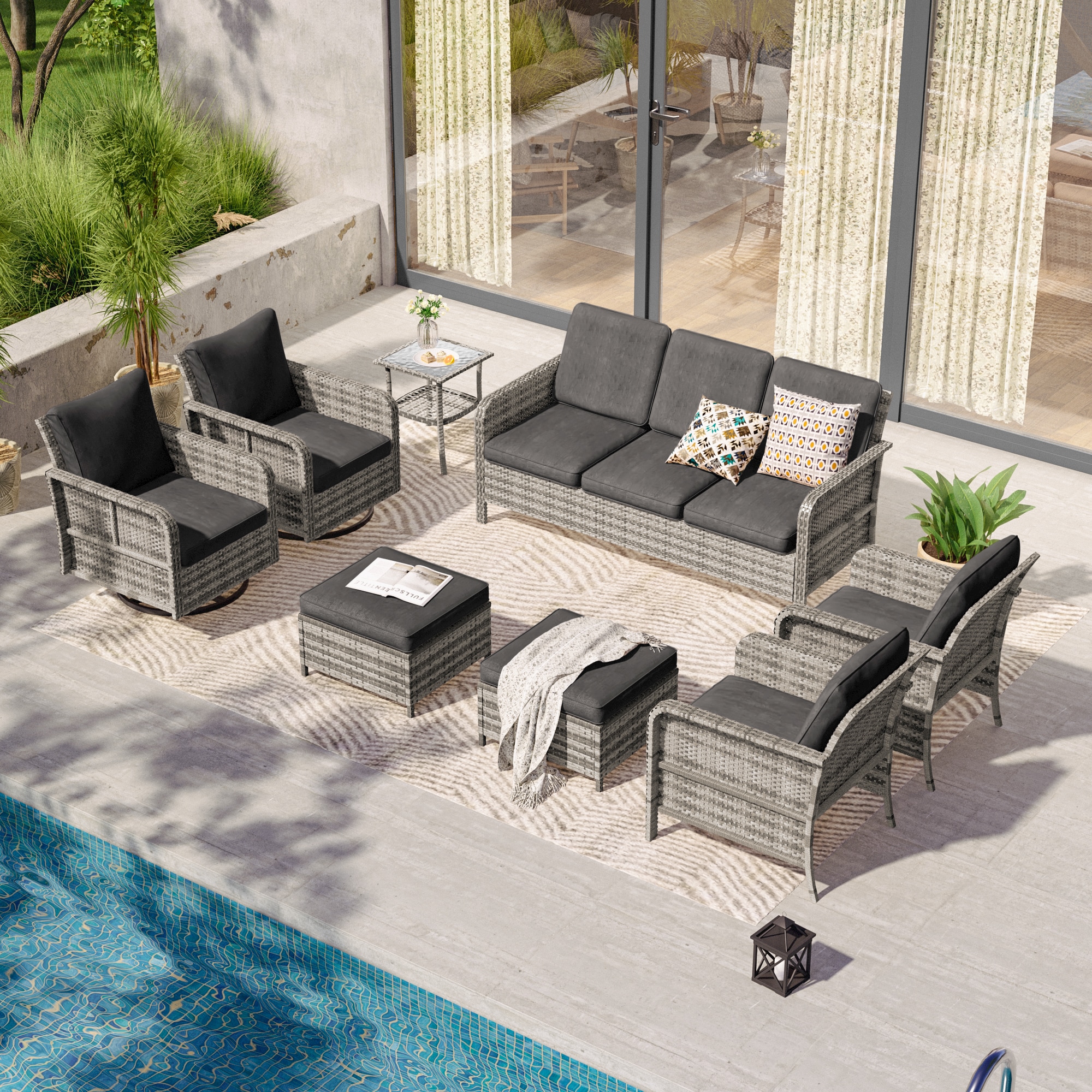 ACEGOSES LW-155HBK-2RT2 Skytop 8 -Piece Wicker Patio Sofa Conversation Set with Black Cushions