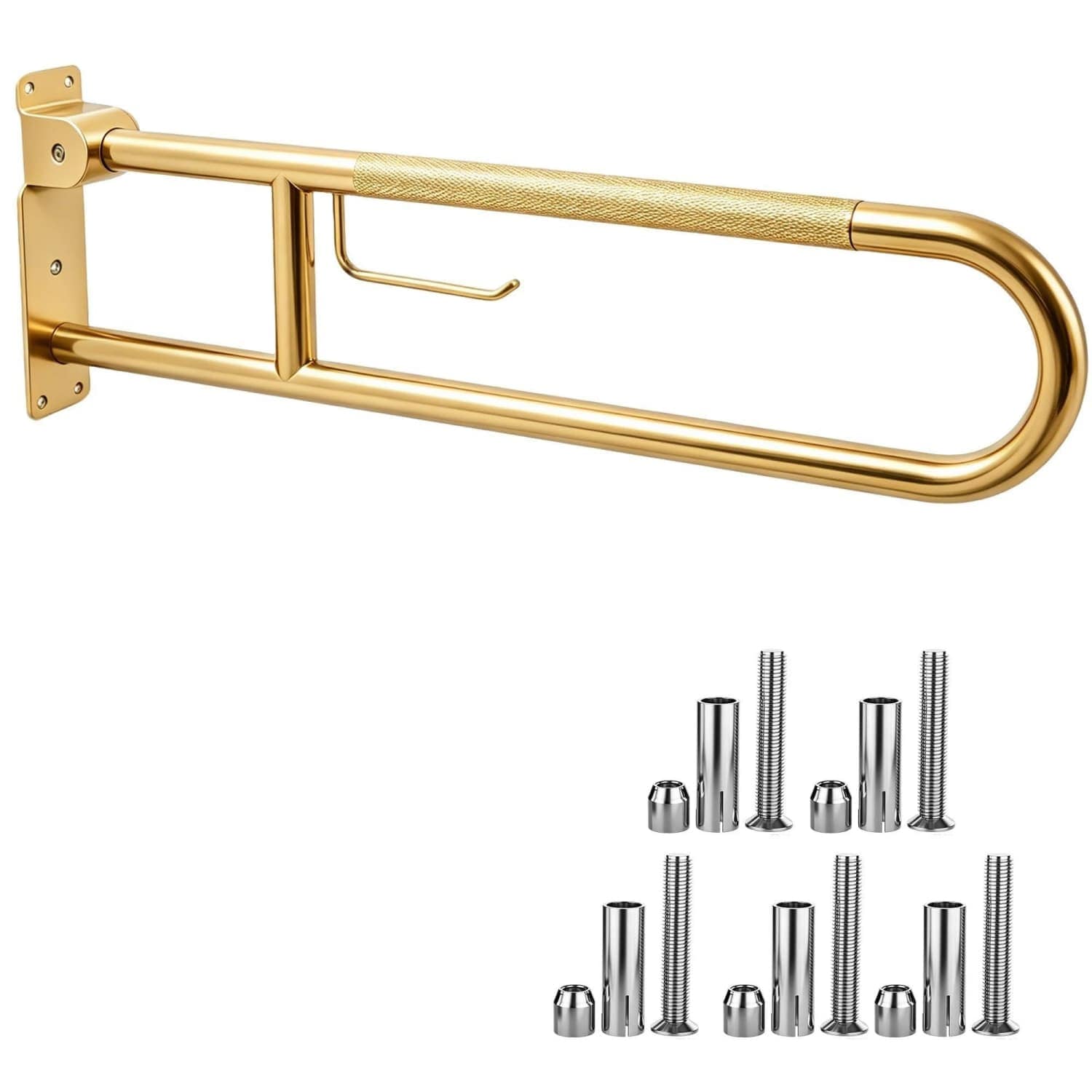 Angel Sar 30.3in U-Shaped Flip-Up Gold Toilet Grab Bar with Hook for Elderly Disabled Senior
