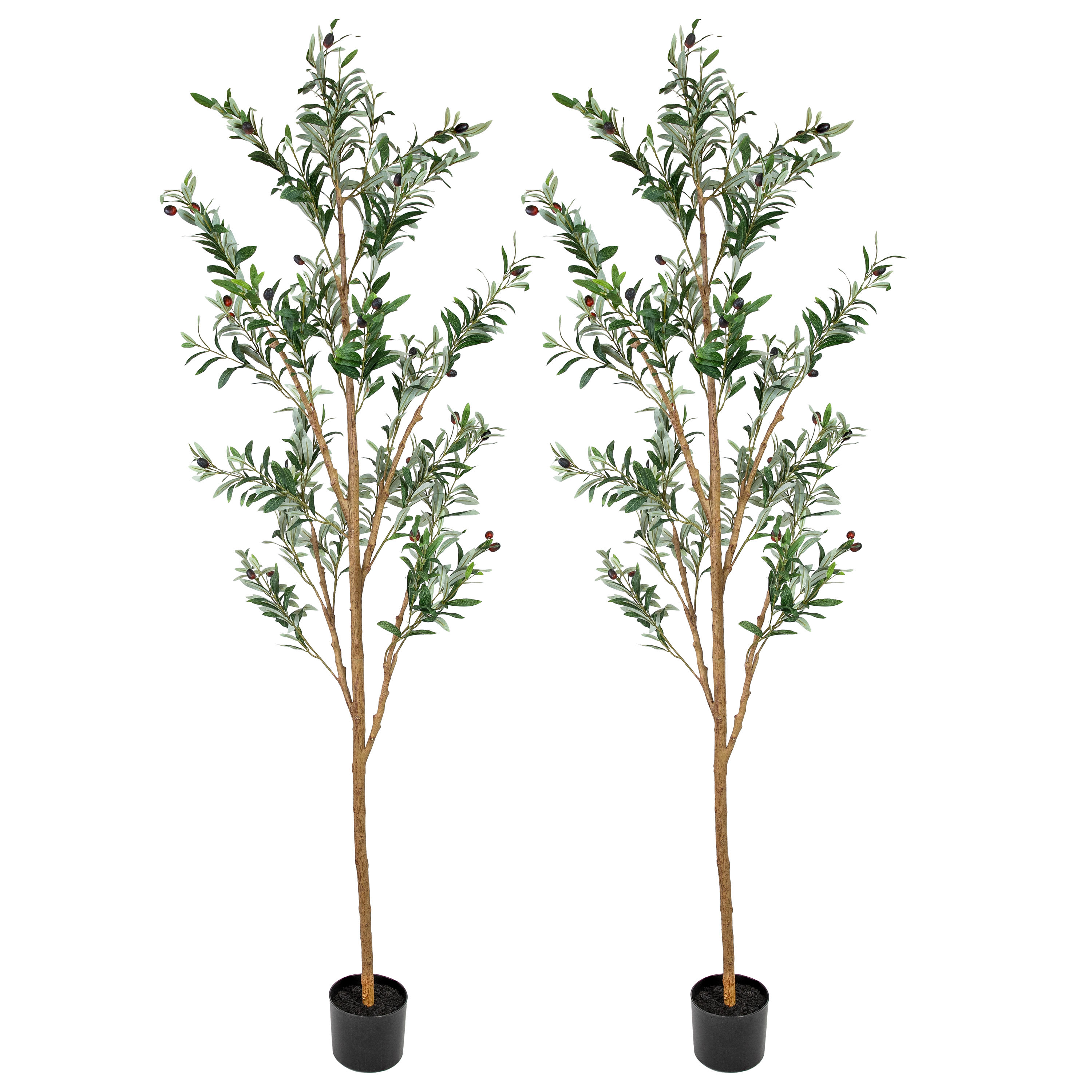 Sunnydaze Decor QCW-3972 Sunnydaze Fake Olive Tree - 7ft Tall Faux Olive Tree with Pot - Indoor Artificial Plant with Black Weighted Base and Silk Leaves - Set of 2