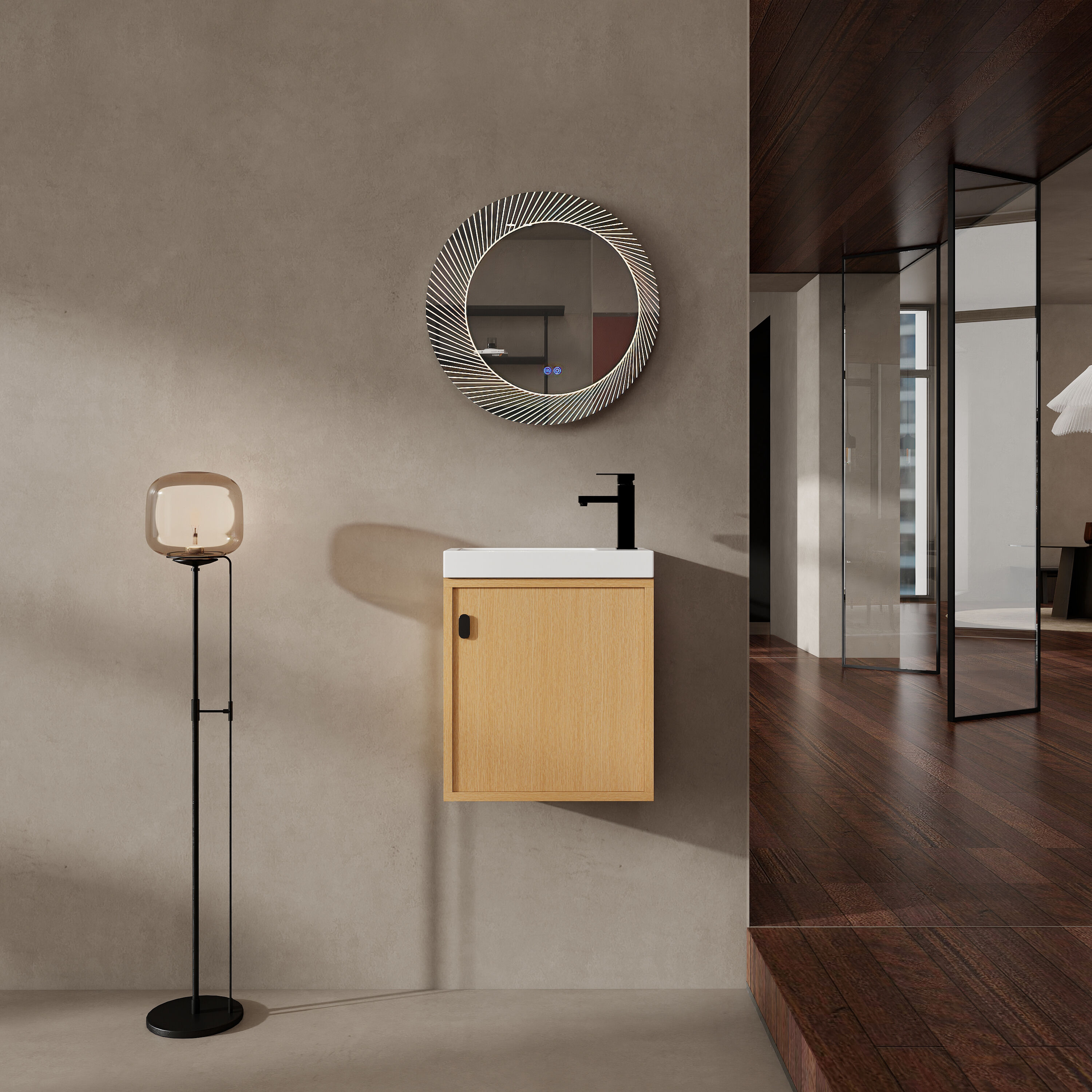 Tatayosi RY-2P362138 Wall-Mounted Bathroom Vanity with Resin Sink Soft Closed Single Door MDF Nature Wood (KD-Packing)