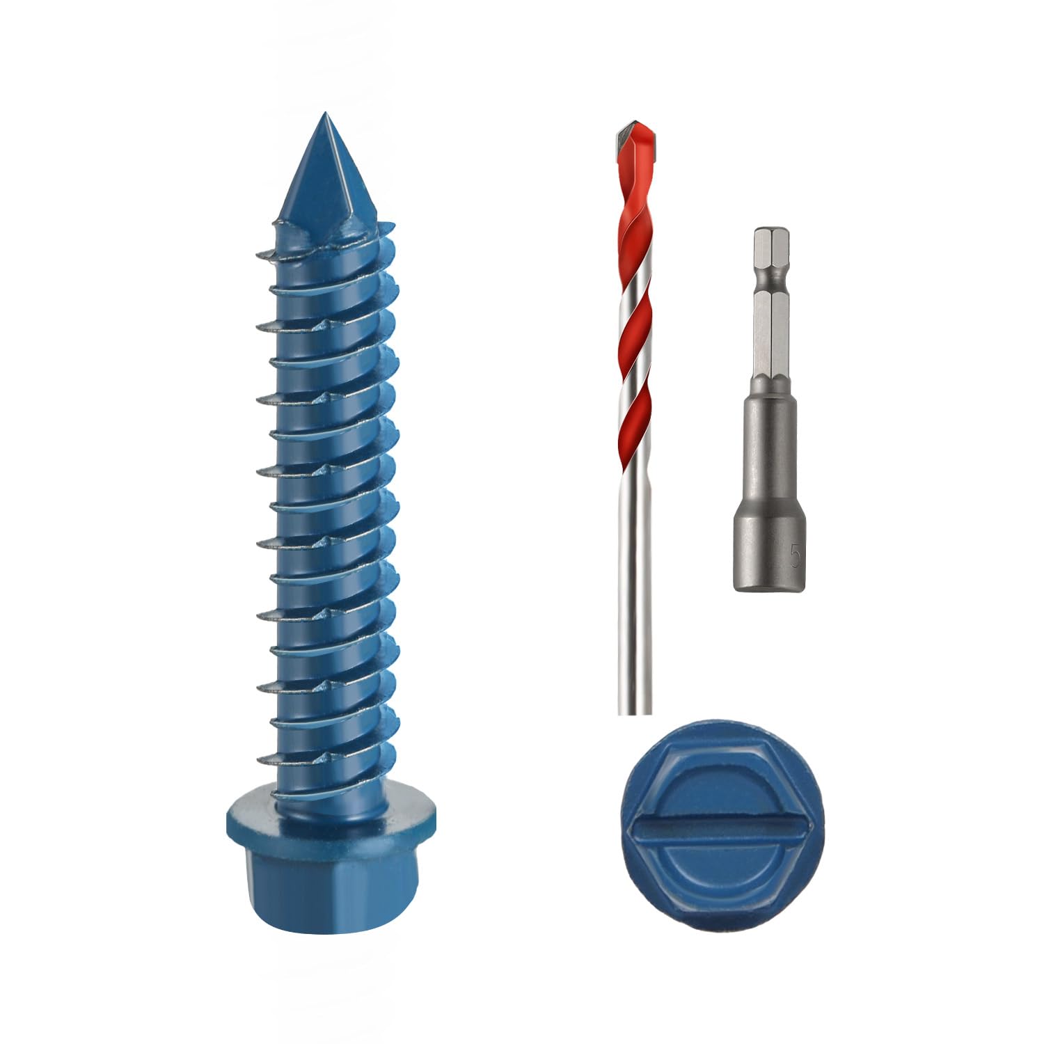 Linder Group Inc Concrete Screws Hex Washer Head Blue Ruspert Finish 3 Sixteenth Inch x 1 and One Fourth Inch Kit with Drill Bit and Hex Bit Socket 100 pcs for