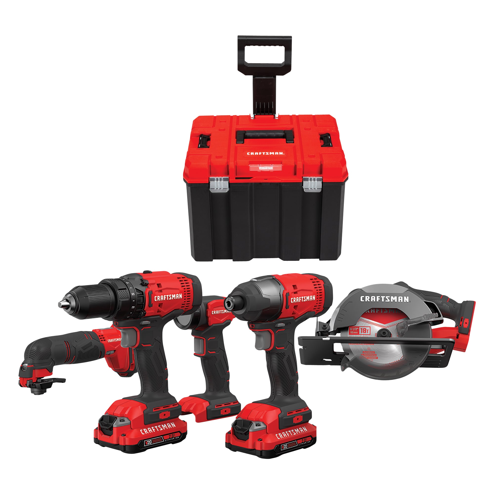 CRAFTSMAN V20 5-Tool 20-Volt Max Power Tool Combo Kit with Soft Case & VERSASTACK System 20-in Red Plastic Wheels Lockable Tool Box