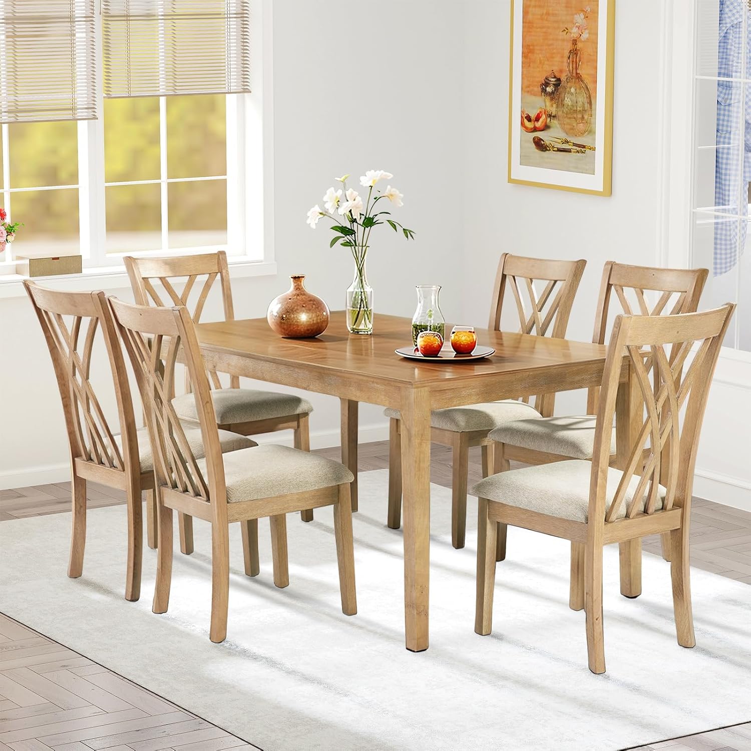 Zevemomo 7 Piece Solid Wood Dining Table Set with 6 Upholstered Chairs ...