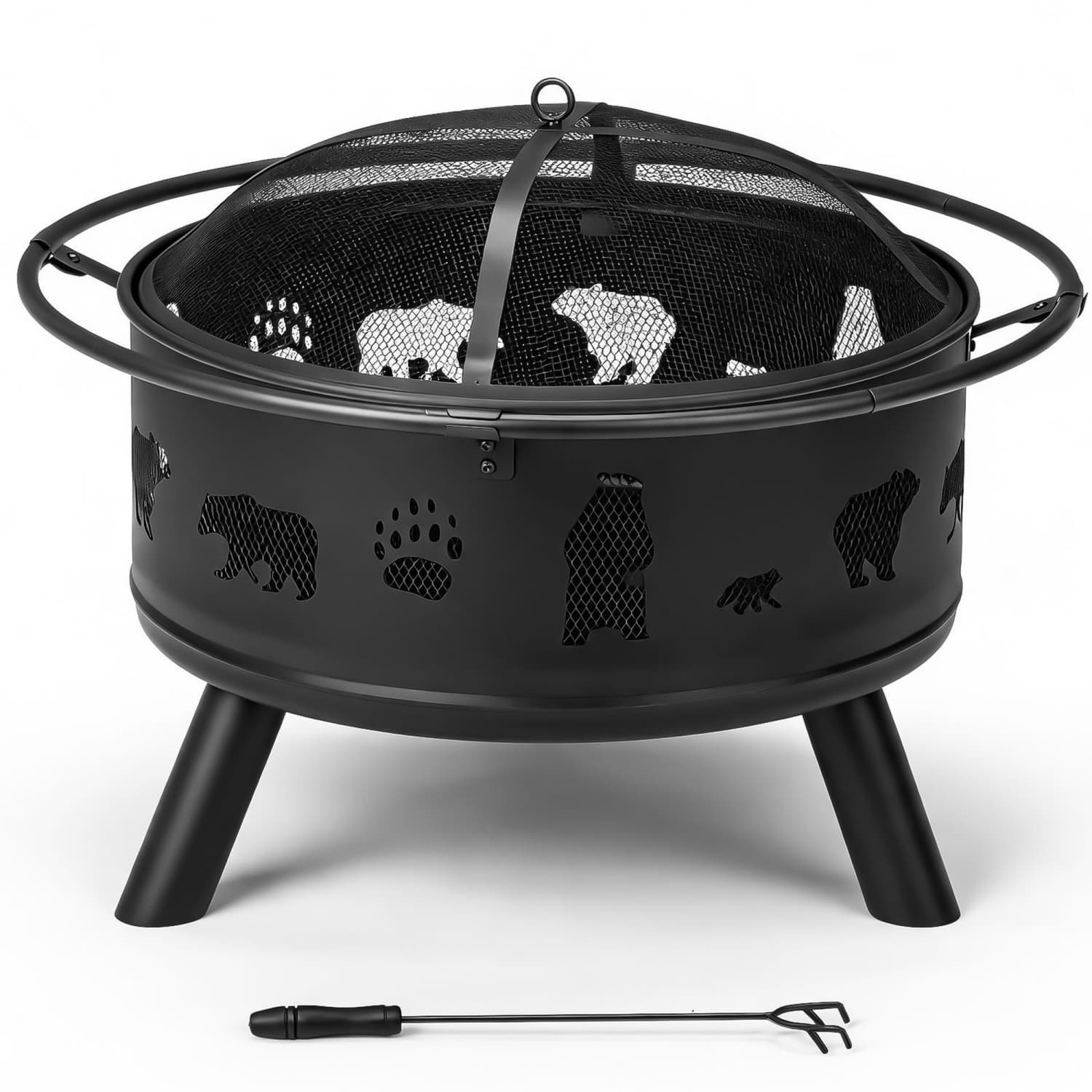 OGETFUUR 30-inch Solid Heavy-duty Wrought Iron Fire Pit with Elegant Bear Cutout Hinged Spark Screen Log Grate Rustproof High-temp Resistant for Outside Patio Backyard