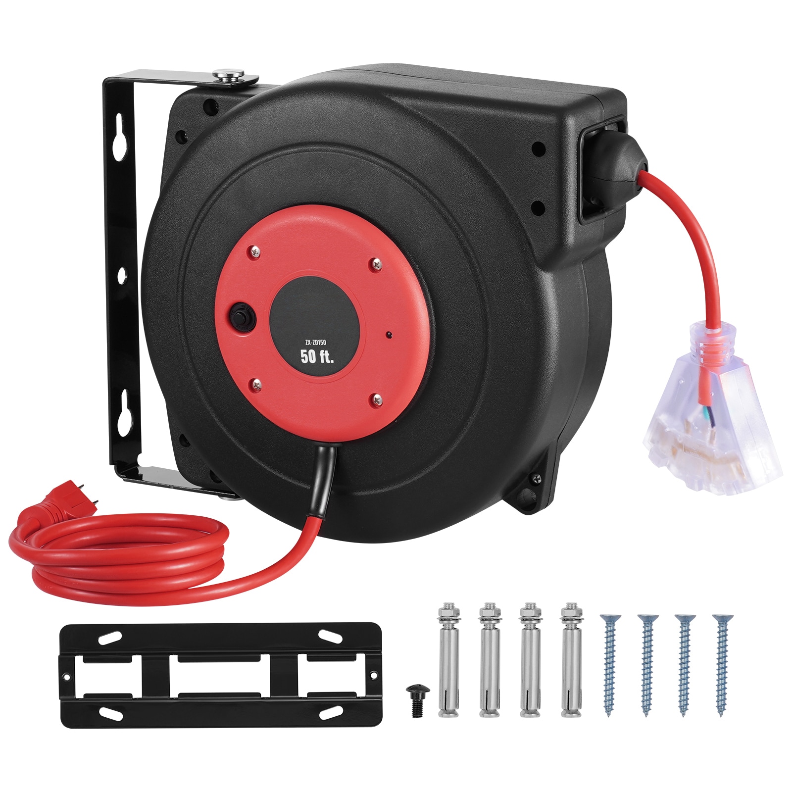 VEVOR Retractable Extension Cord Reel, 50 FT, Heavy Duty 14AWG/3C SJTOW Retractable Power Cord with Lighted Triple Tap Outlet, 13 Amp Circuit Breaker 180 degrees Swivel Bracket for Ceiling or Wall Mount #SSSJXQ50FTHHWGYYKV1