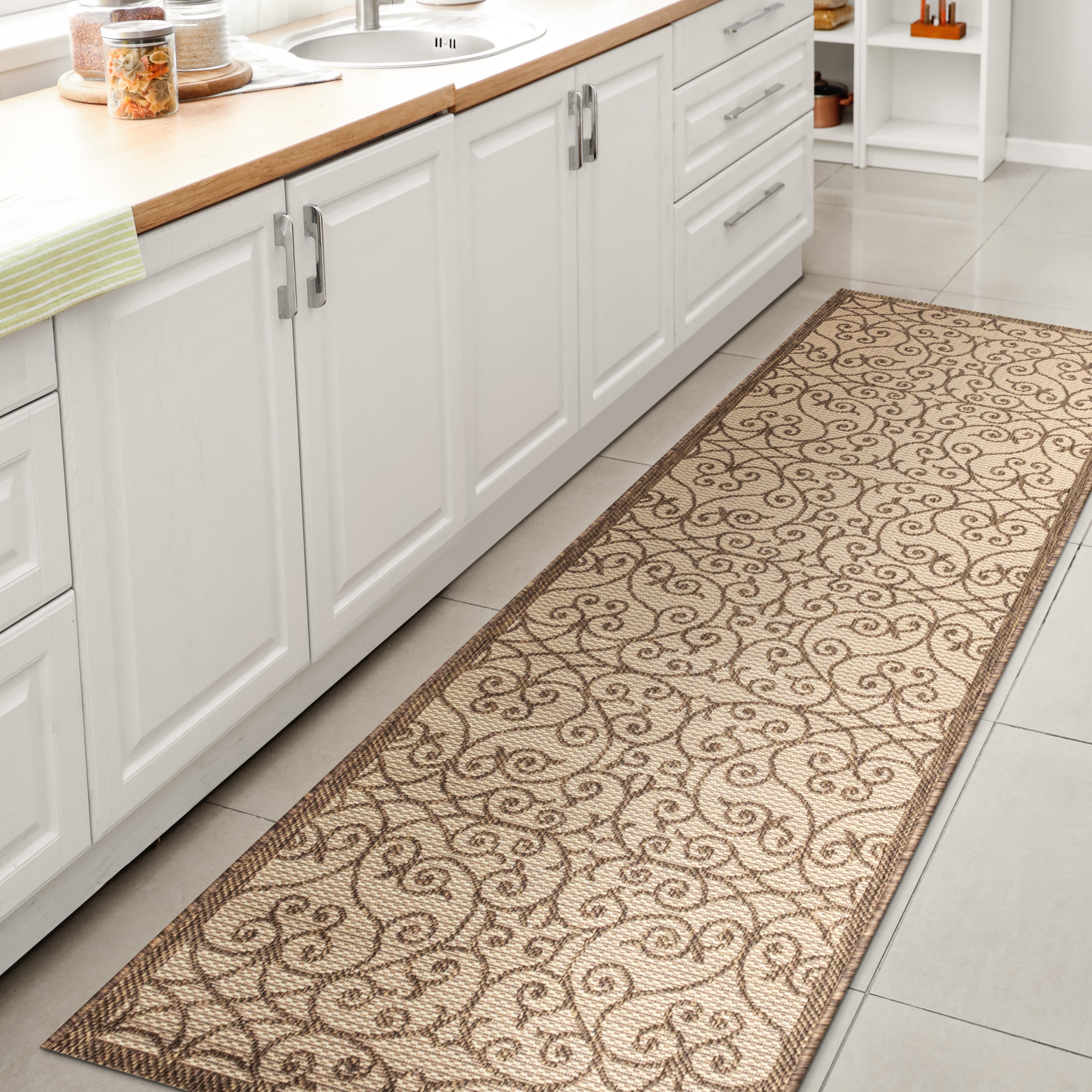 JONATHAN  Y SMB107B-210 Santa Monica Madrid Filigree Textured Weave 2 x 10 (ft) Loomed Polypropylene Beige/Brown Rectangular Indoor/Outdoor Border French Country Runner rug