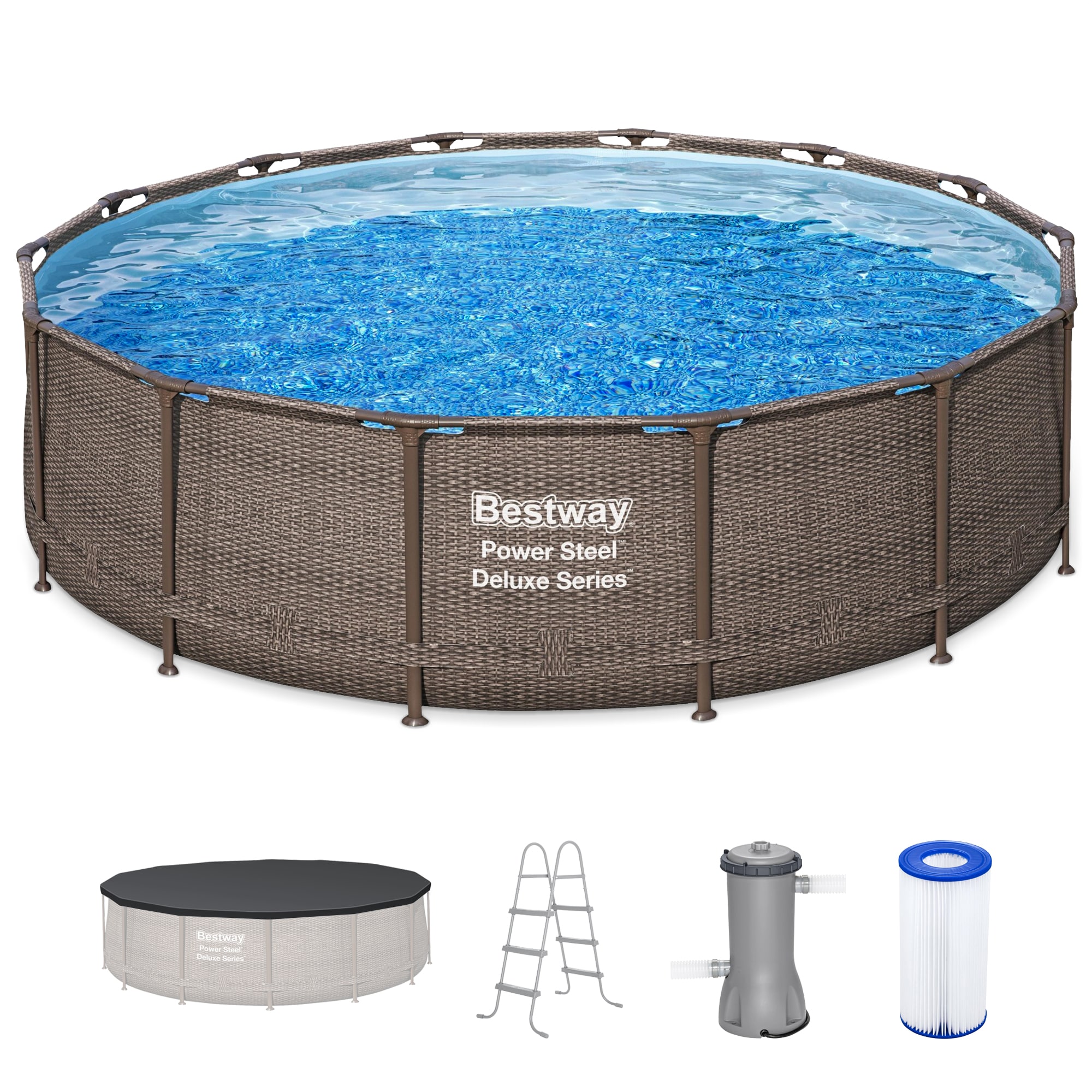 Bestway 138506 14-ft x 14-ft x 42-in Metal frame Round Above-Ground Pool with Filter Pump with Ground Cloth with Pool Cover with Ladder