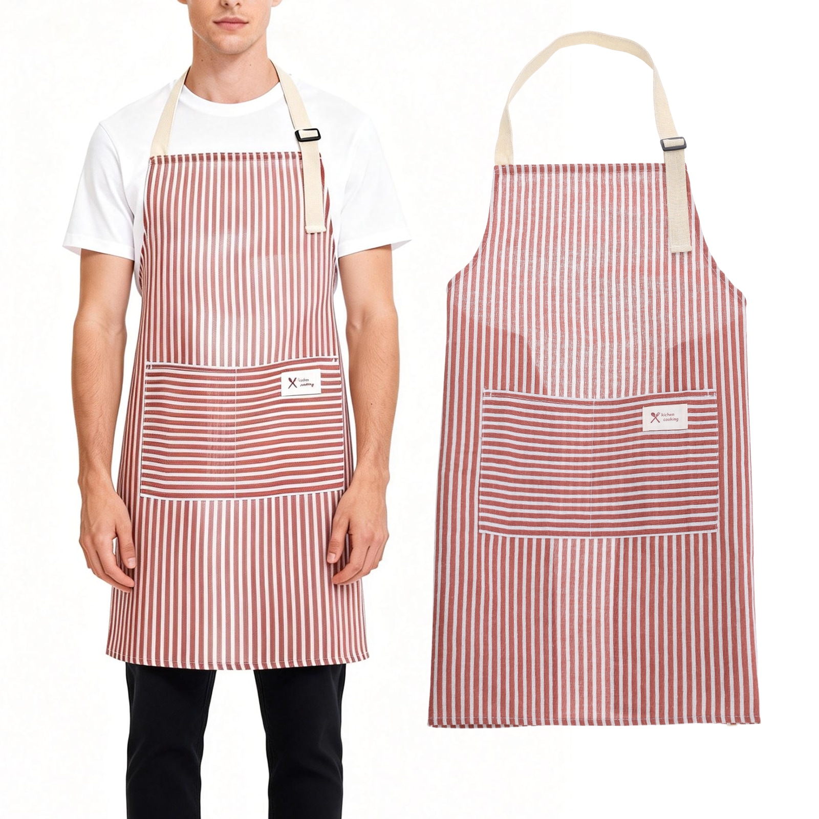 Unique Bargains Kitchen Cooking Aprons Adjustable Art Apron Water and Oil Resistant Striped Chef Smock for Women Men with Pocket for Home Kitchen Cleaning Restaurant Painting Red #S26042800UX4316