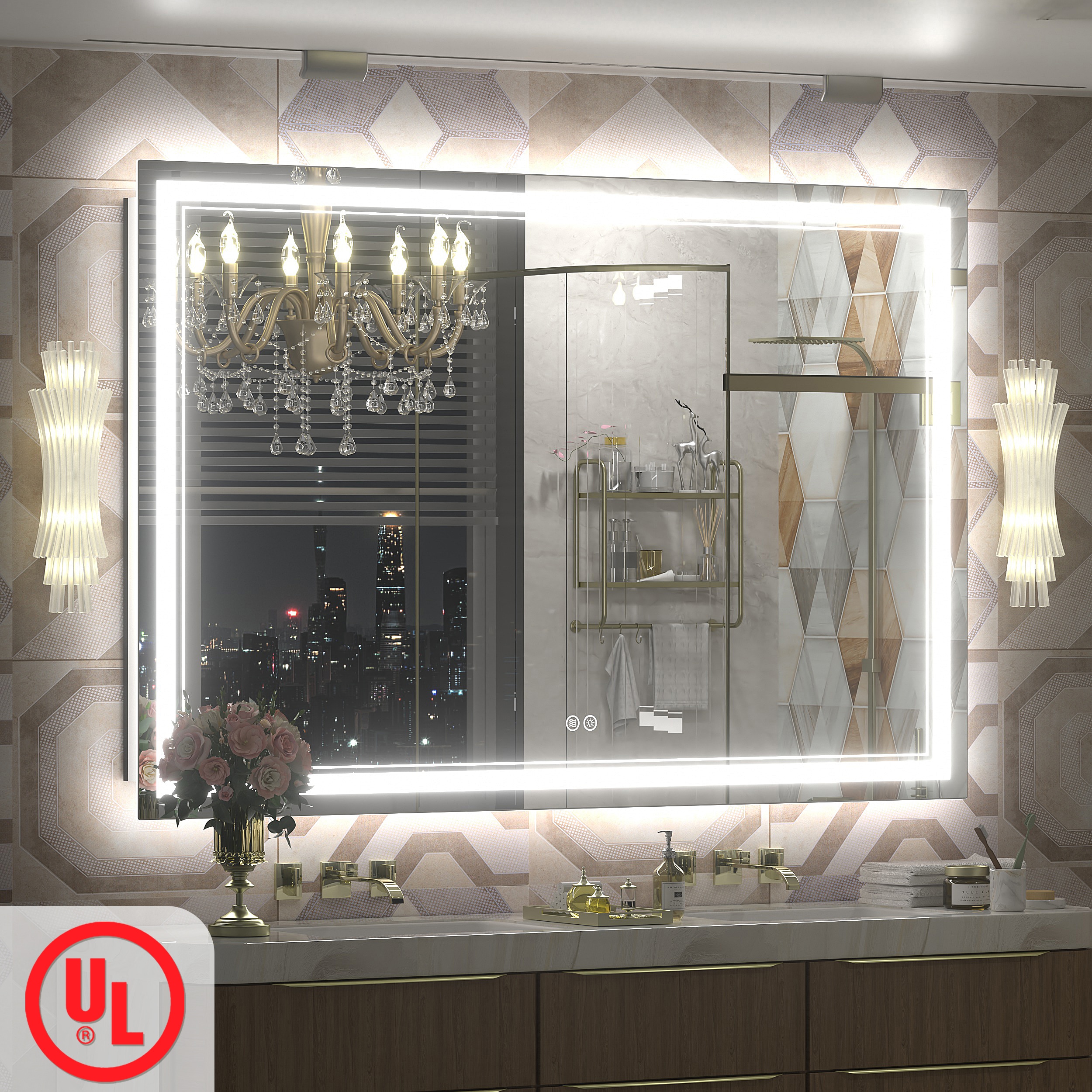 Apmir 55-in W x 36-in H UL Certified Front and Back LED Anti-Fog Stepless Dimmable 3-Color Lighting 3-Year Warranty Tempered Glass Bathroom Vanity Mirror