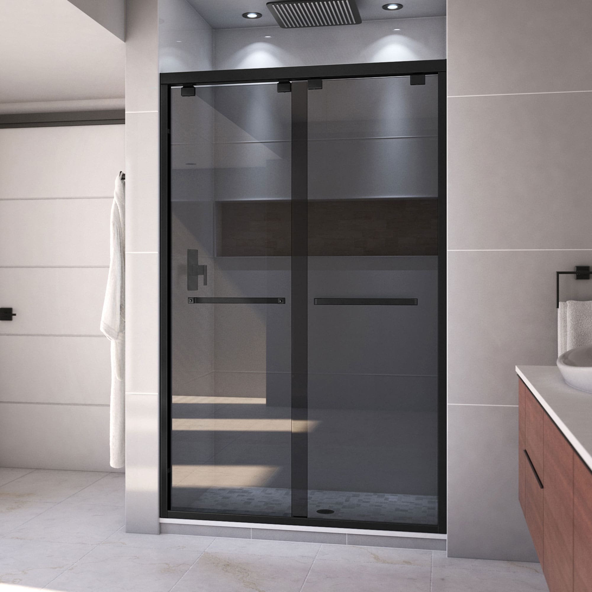 DreamLine SHDR-164876G-09 Encore Matte Black 44-in to 48-in W x 76-in H Semi-frameless Bypass Sliding Shower door 5/16-in Thick Smoke gray Glass