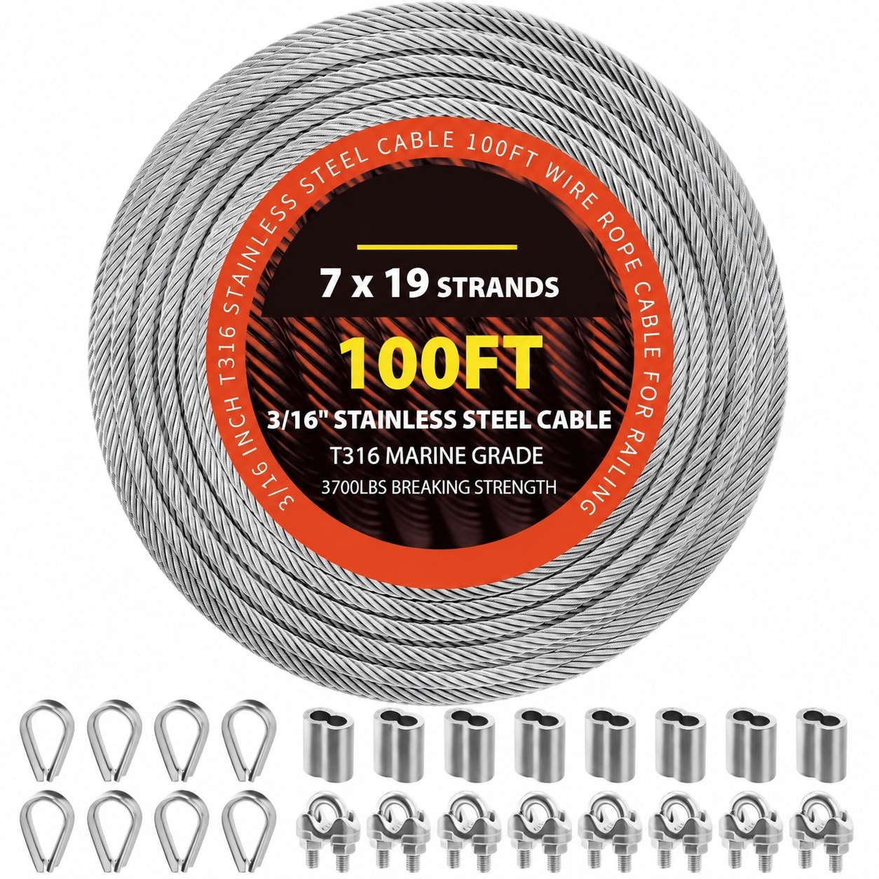 ITOPFOX  Stainless Steel Cable Railing Kit 100FT 3 16 Inch T316 Wire Rope 7x19 Strands 3700 LBS Strength with 8pcs Clamps Thimbles Crimp Sleeves