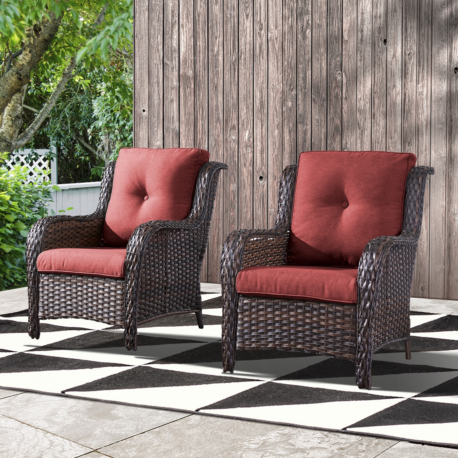  PA006-5 PACHAIRS-T Set of 2 Wicker Brown Steel Frame Stationary Conversation Chair with Red Cushioned Seat
